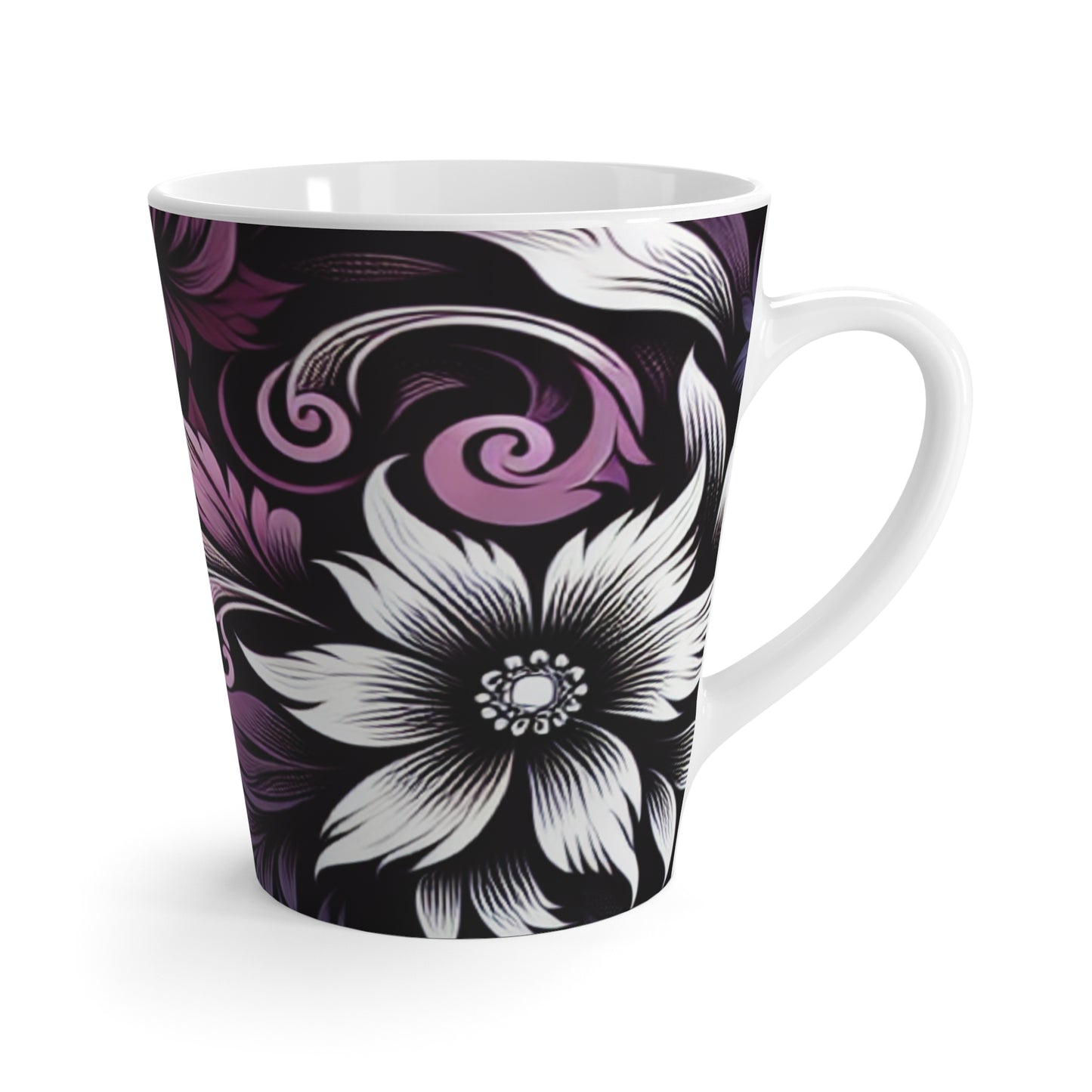 Latte Mug - Bold Purple and Black Lace- Floral Pattern-Coffee Cup