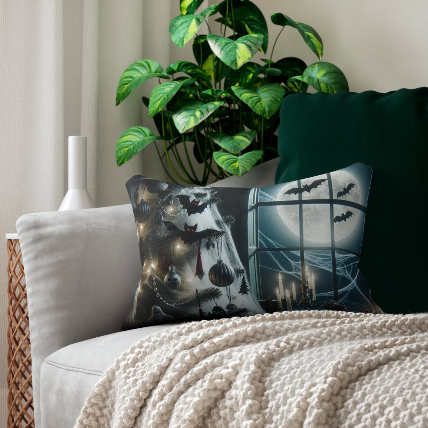 Halloween Themed Lumbar Pillow, Cozy Home Decor, Spooky Throw Pillow, Bat and Spider Web Design, Autumn Accent Pillow