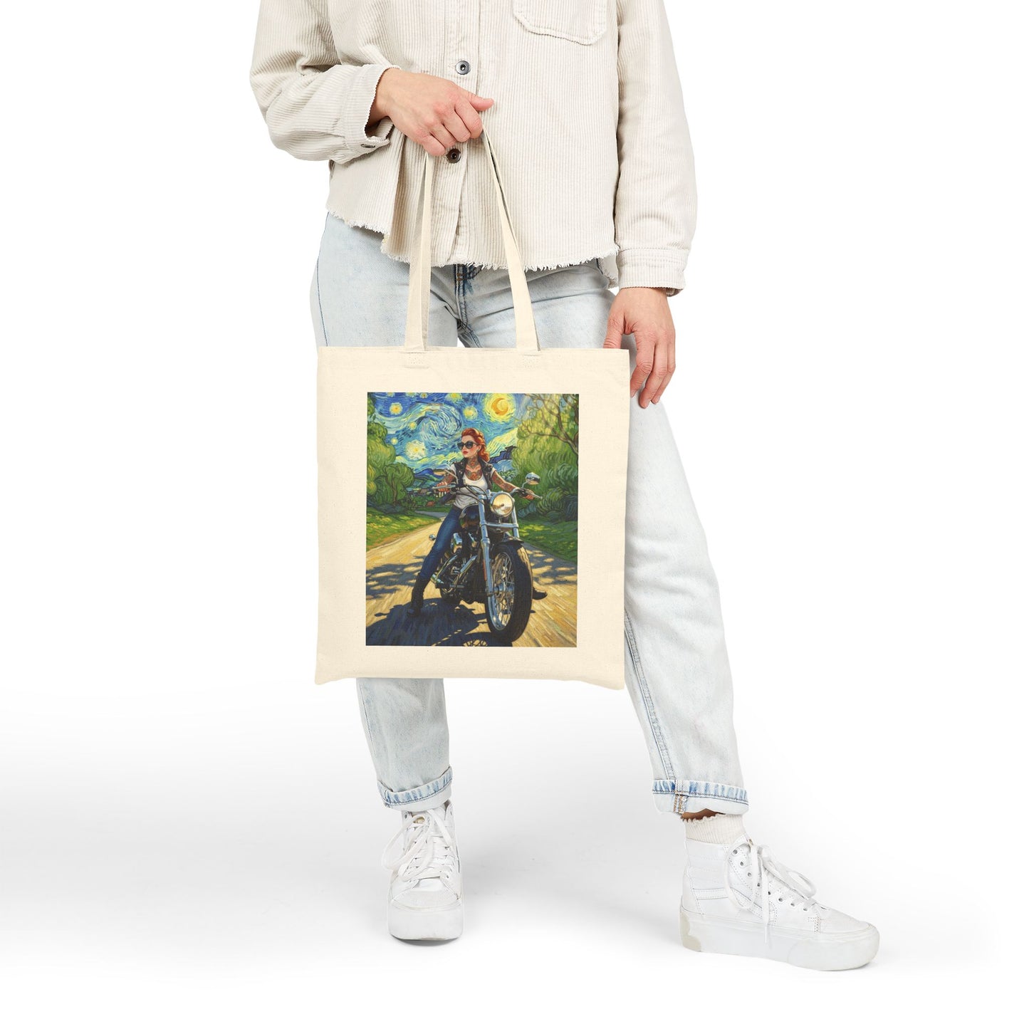 Canvas Tote Bag - Van Gogh Motorcycle Pinup and Skulls with Flowers Design