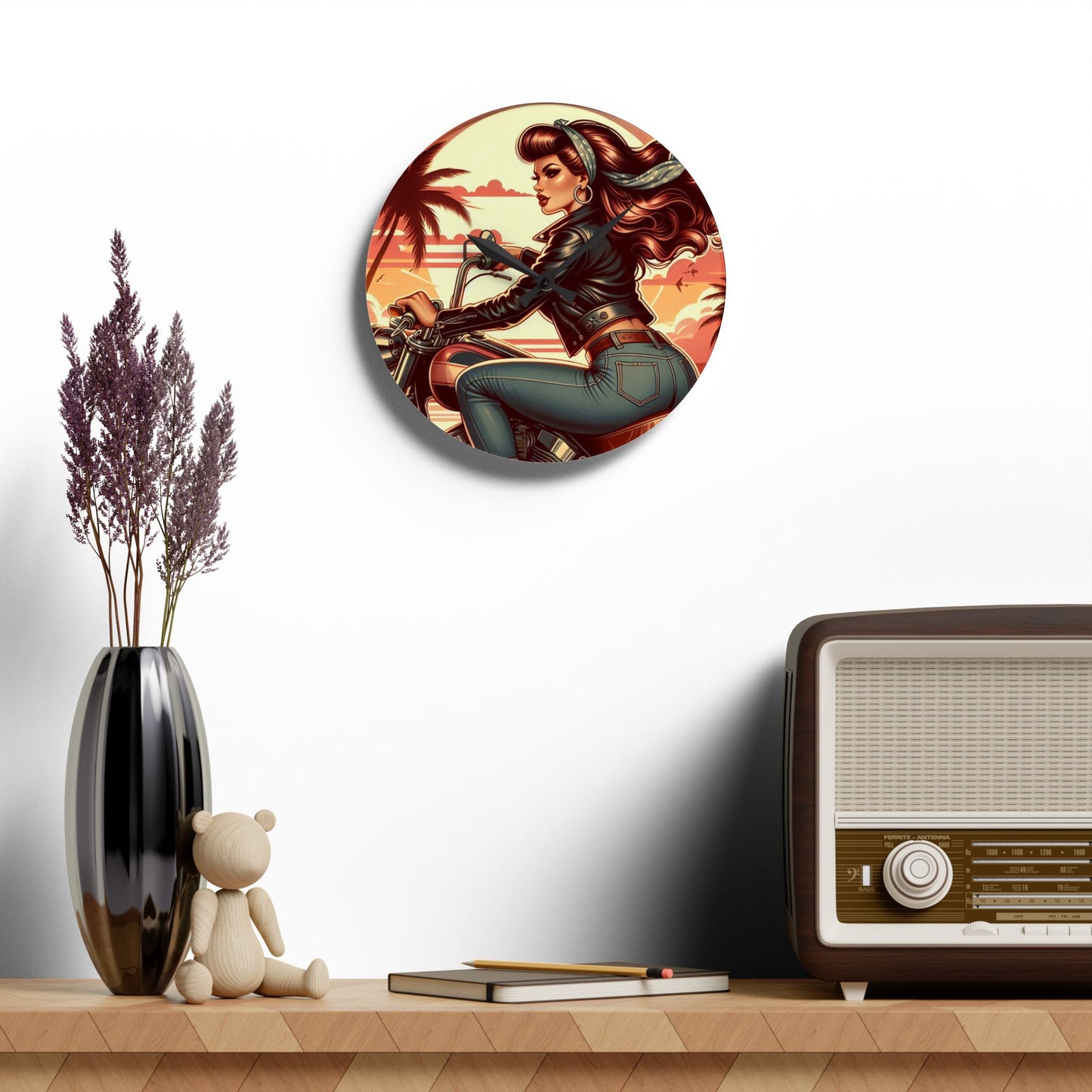 Acrylic Wall Clock - Girl Motorcycle Riding at the Beach