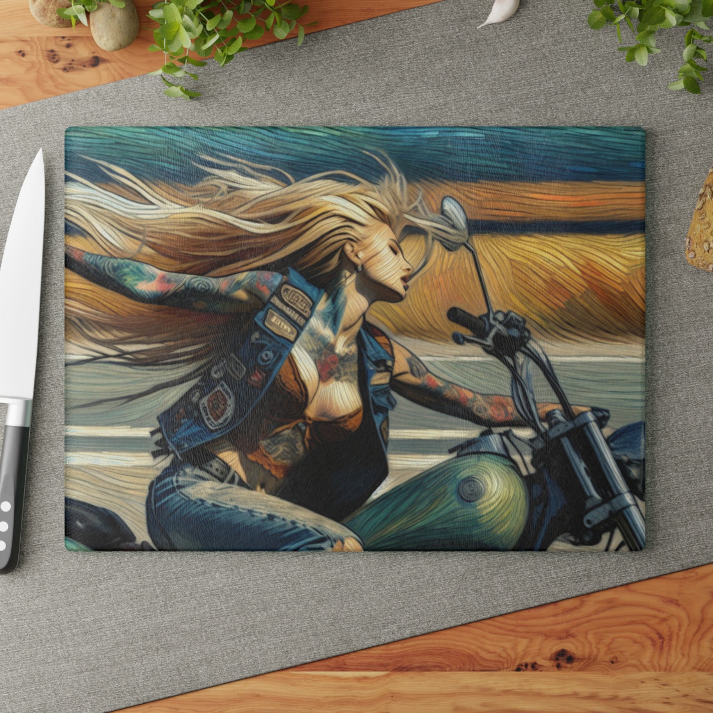 Biker Chic Glass Cutting Board | Unique Kitchen Decor, Gift for Her, Motorcycle Lover, Housewarming, Artful Cooking