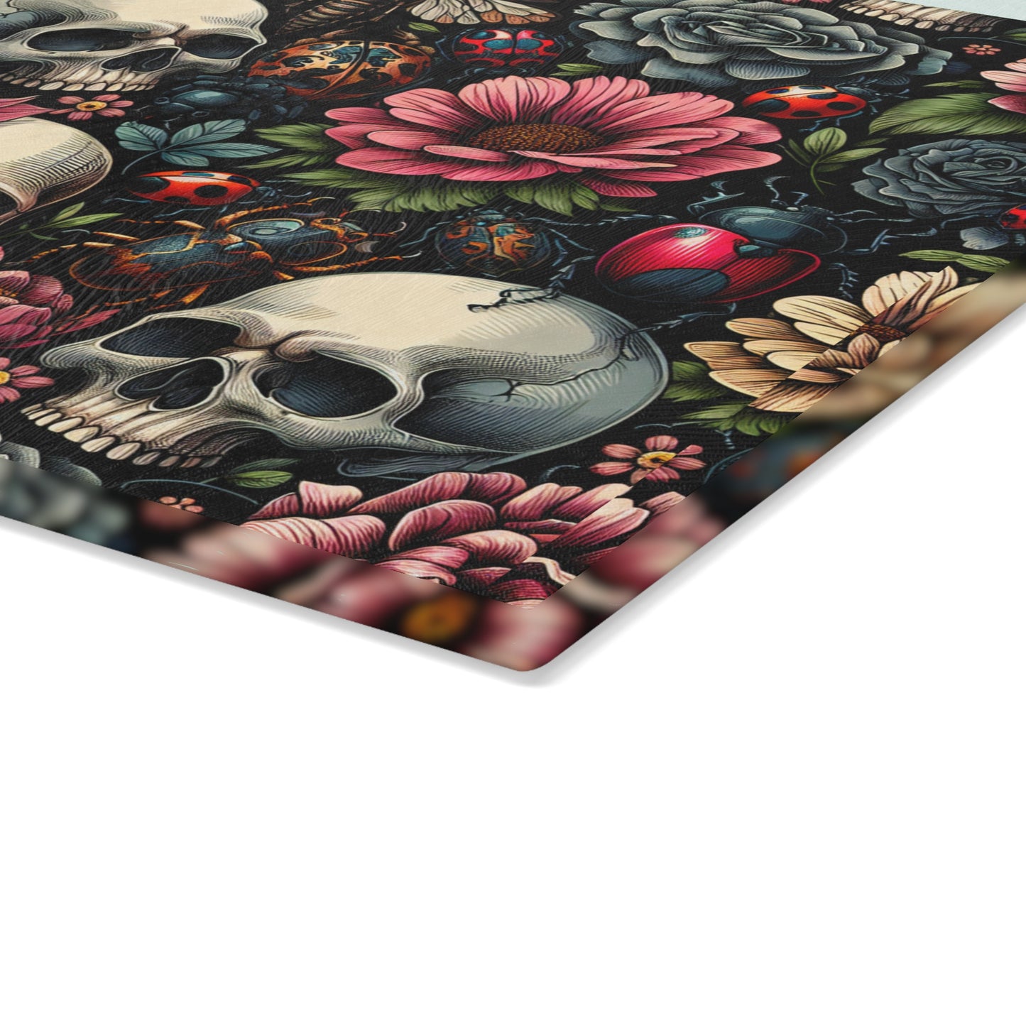 Gothic Floral Glass Cutting Board, Unique Kitchen Decor, Ideal for Gifts, Home Cooking, Halloween, Party Supplies, Skull Design