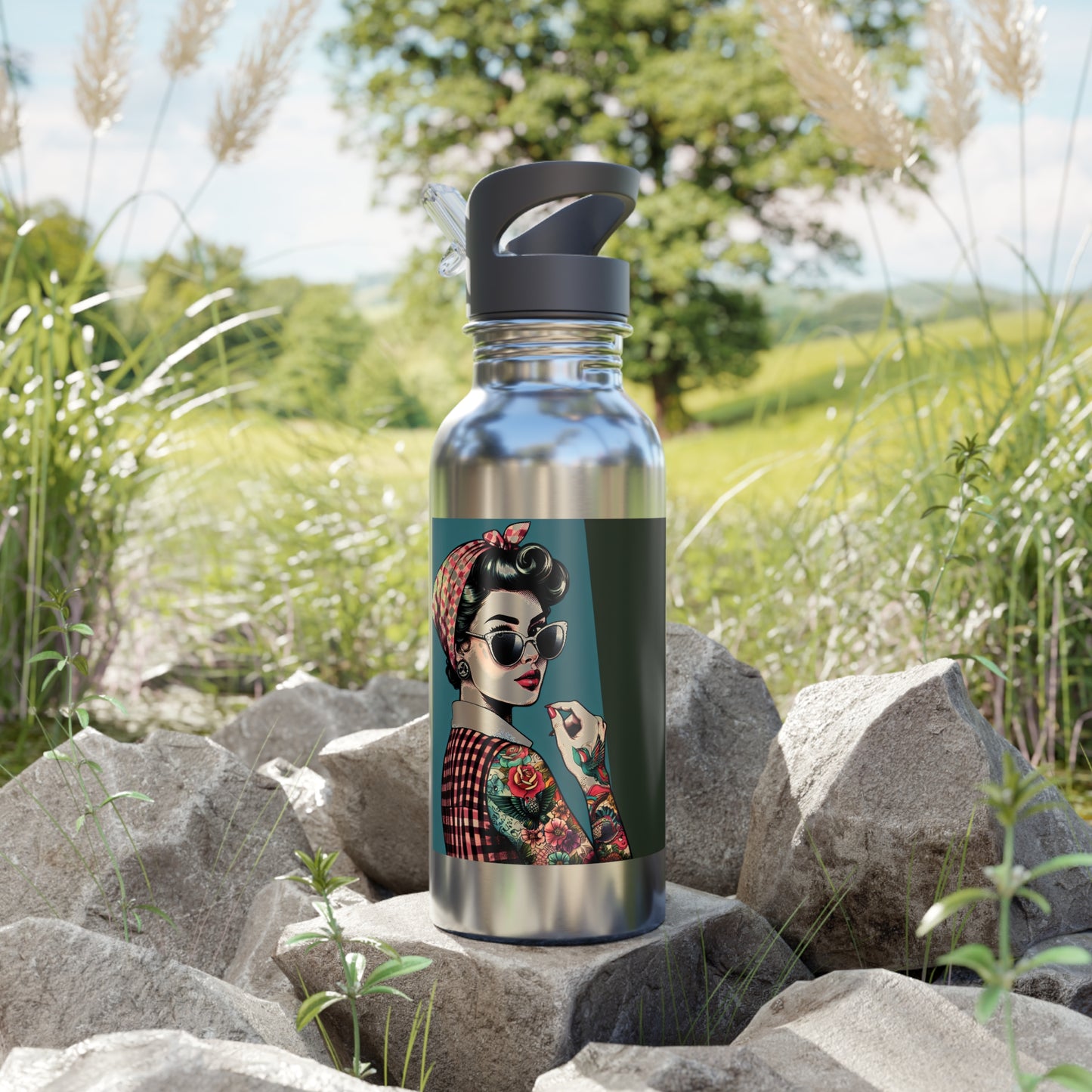 Water Bottle - Pinup in Sunglasses -Show Me Your Tats-Rosie the Riveter style
