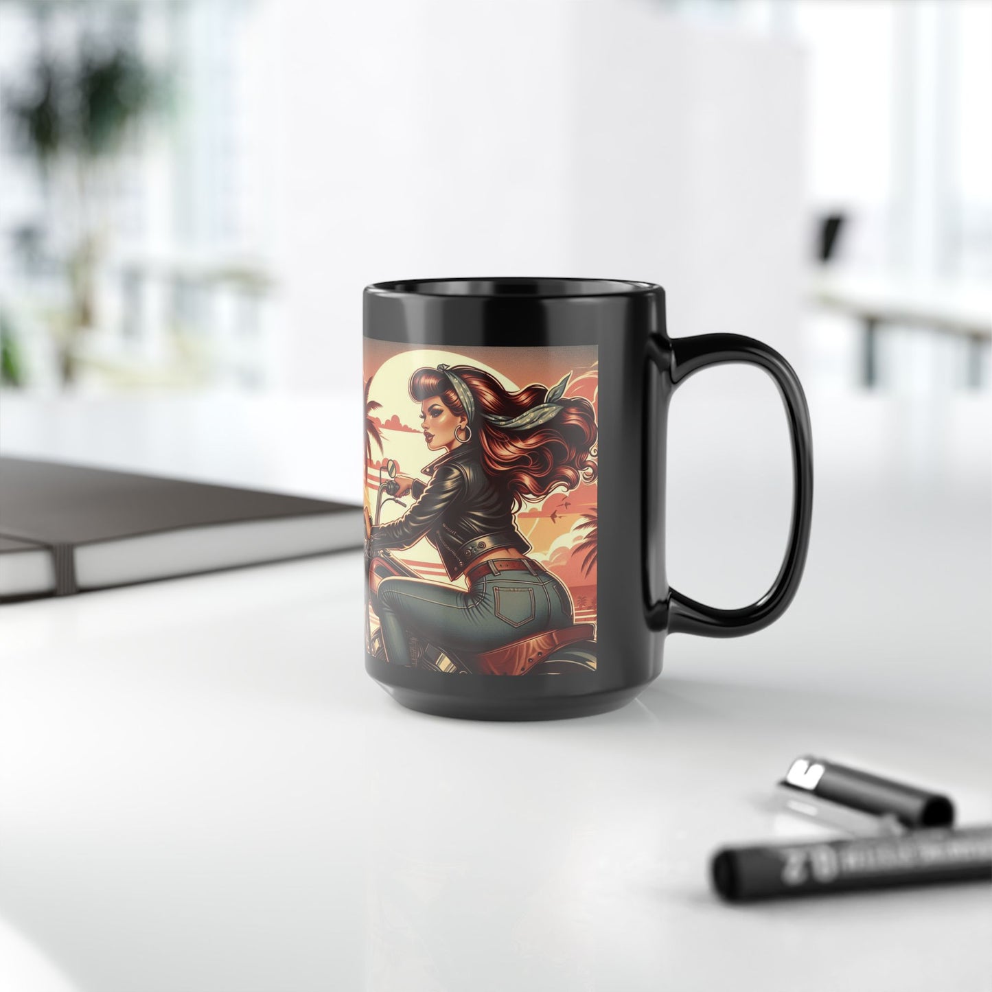 Mug-Sunset Beach Ride-Pin Up Girl Coffee Cup - Unique Gift for Bikers