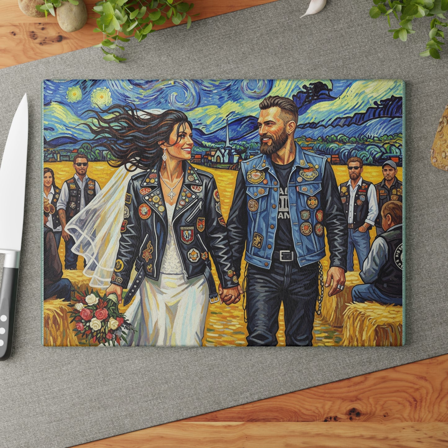 Rustic Wedding-Biker Wedding- Glass Cutting Board - Personalized Gift, Kitchen Decor, Bridal Shower, Anniversary, Home Cooking