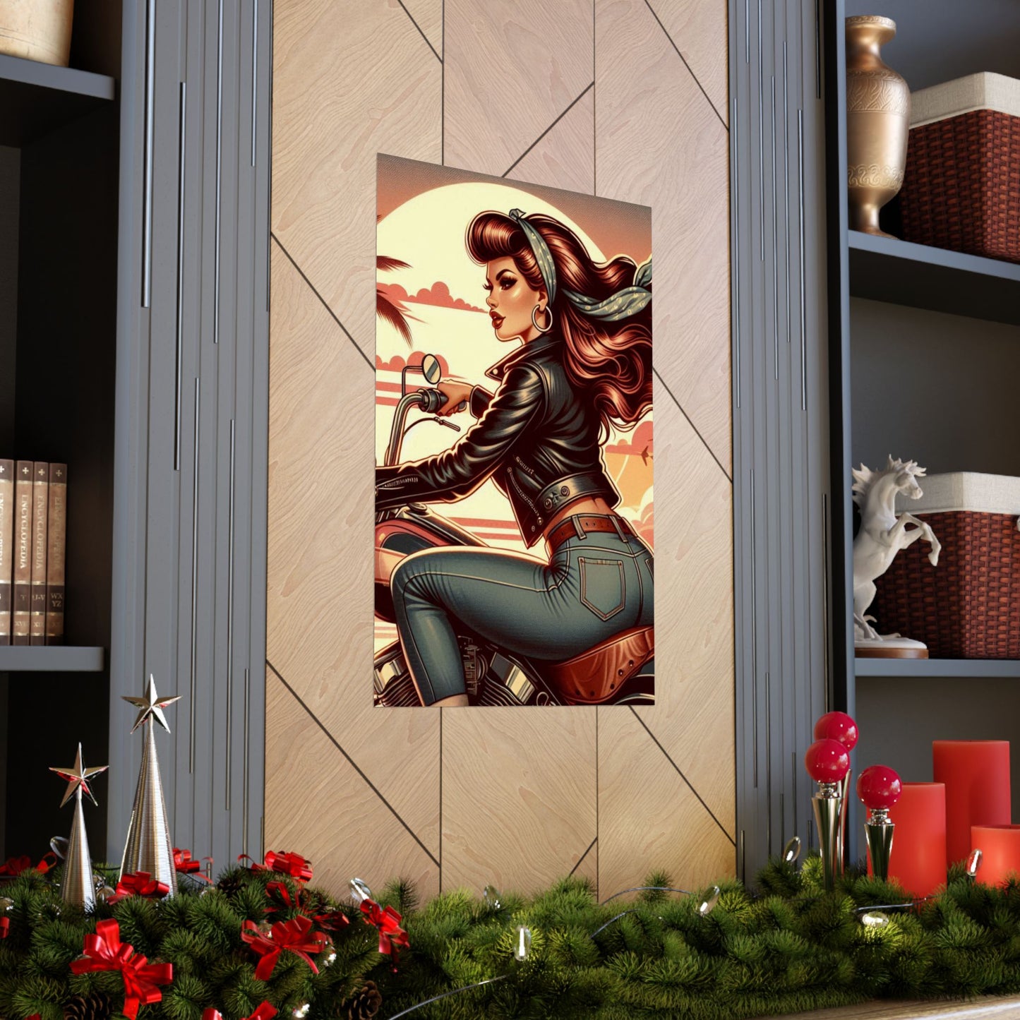 Poster- Motorcycle Pinup-Garage Decor-Man Cave-Retro Wall Art