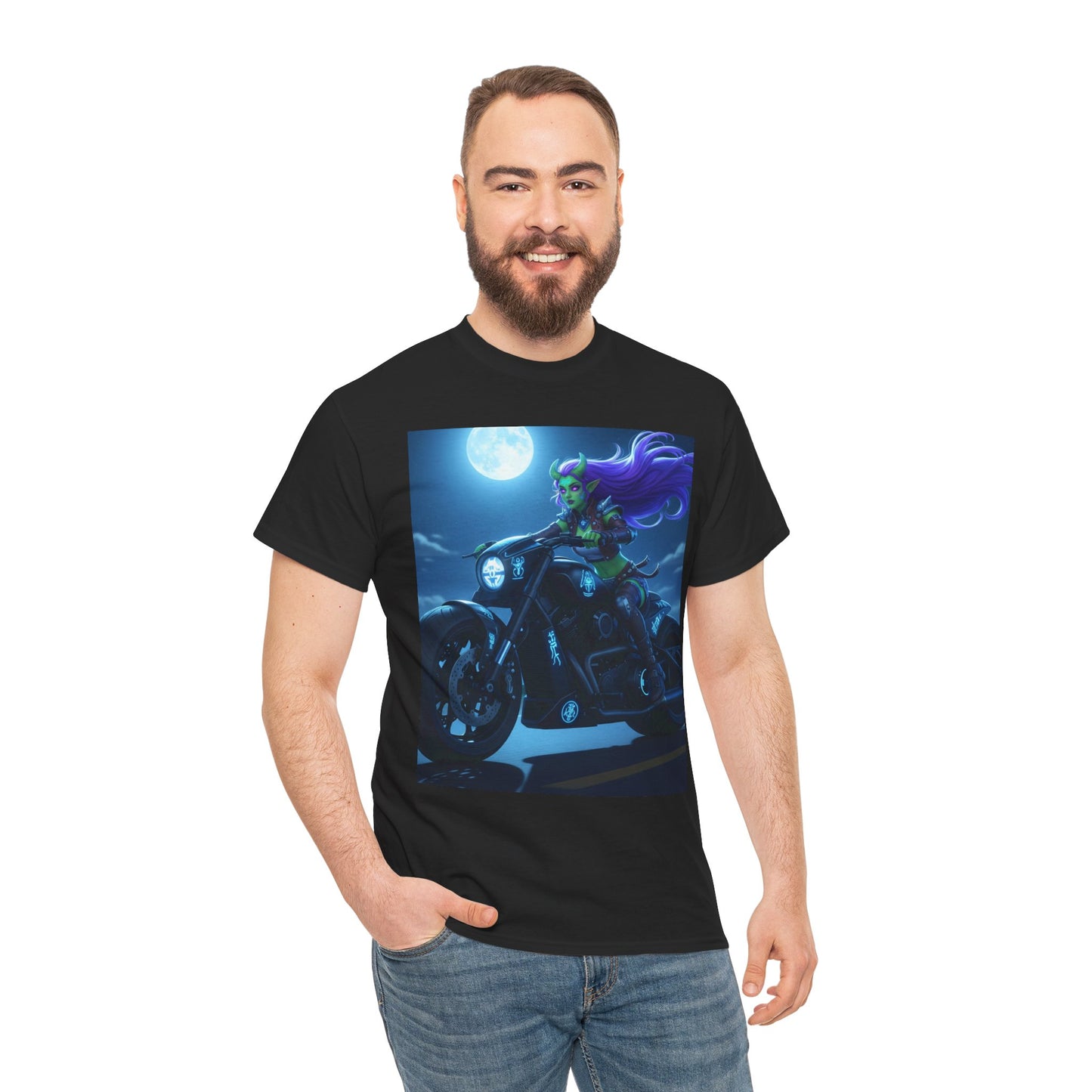 Moonlight Rider Unisex Heavy Cotton Tee, Biker Shirt, Motorcycle Enthusiast Tee, Halloween Shirt, Gift for Him/Her