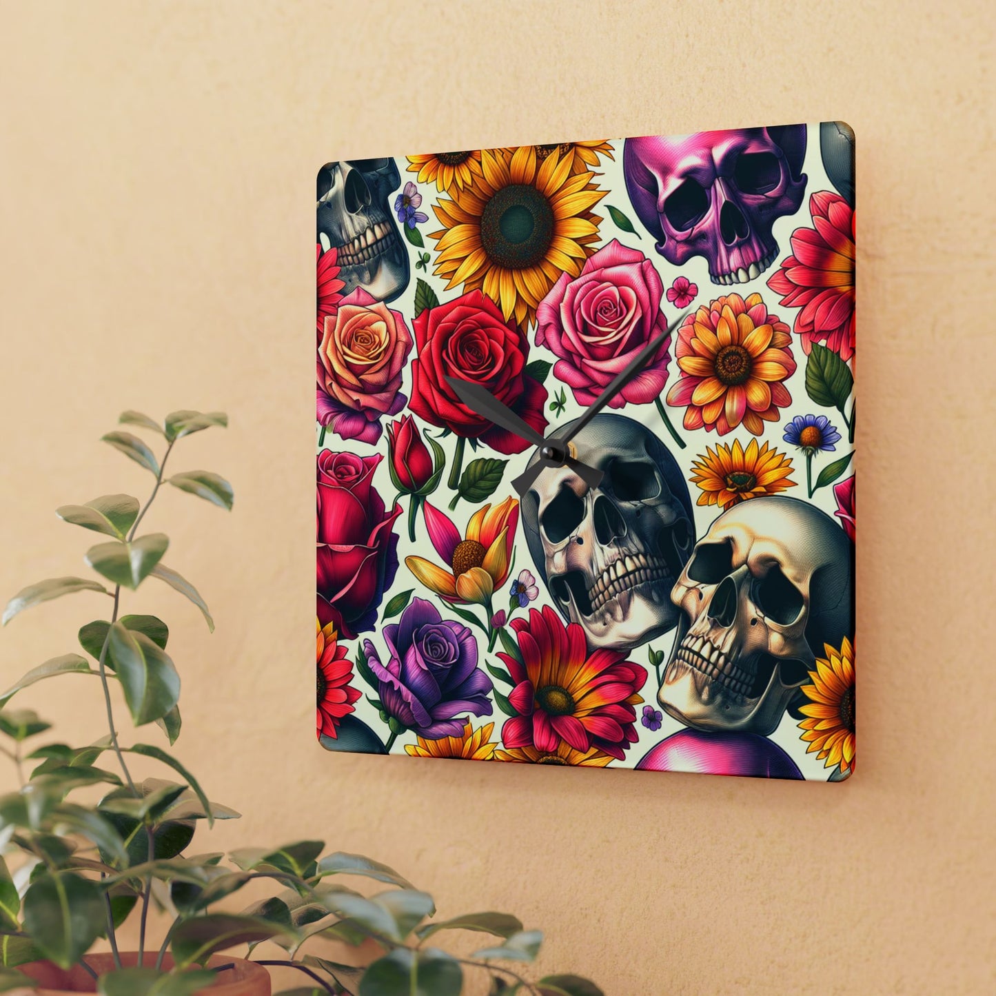 Acrylic Wall Clock-Skulls and Roses Pattern-Kitchen Clock