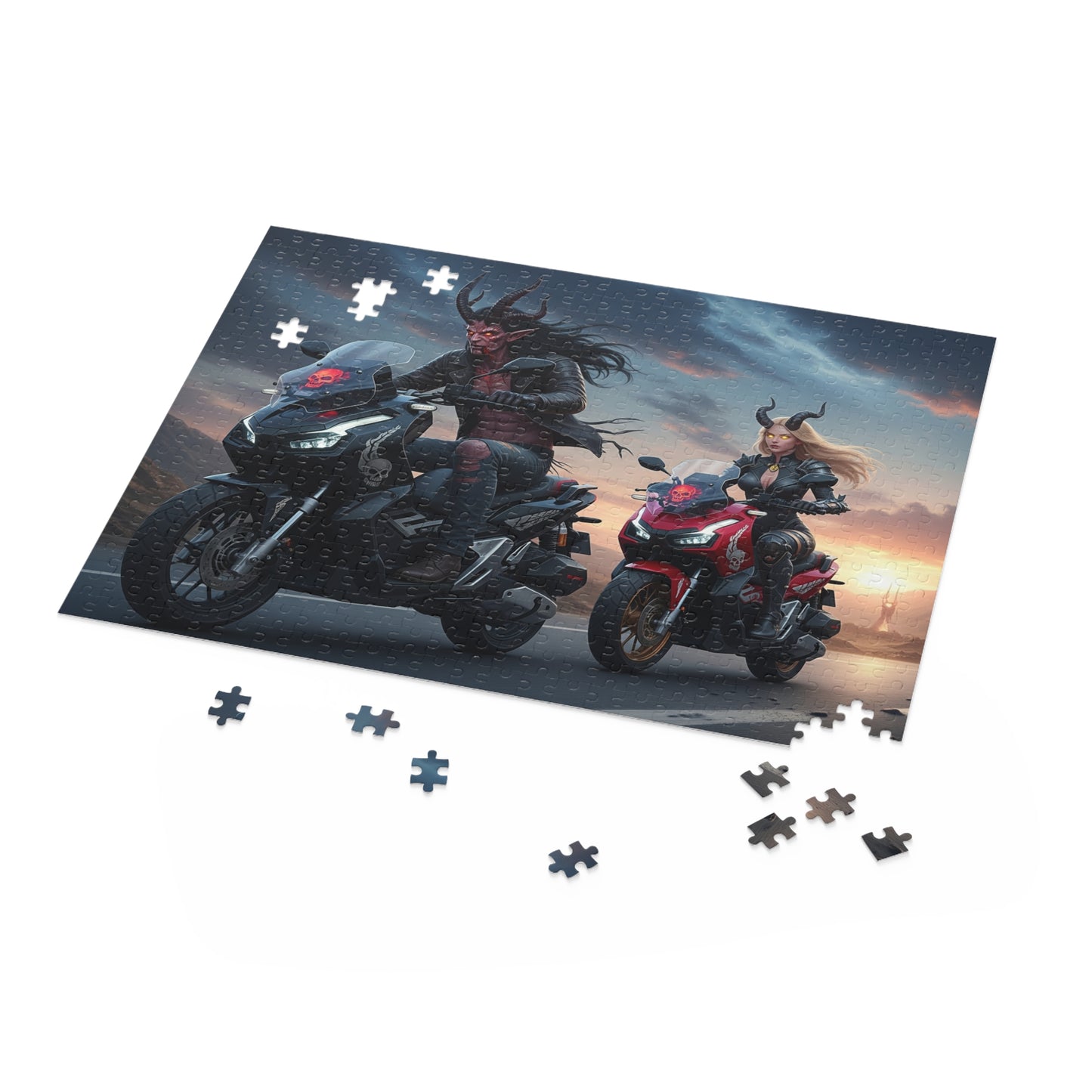 Demonic Biker Puzzle – 120, 252, 500-Piece Fantasy Jigsaw, Gift for Bikers, Gamers, Halloween Decor, Family Fun, Puzzle Lovers