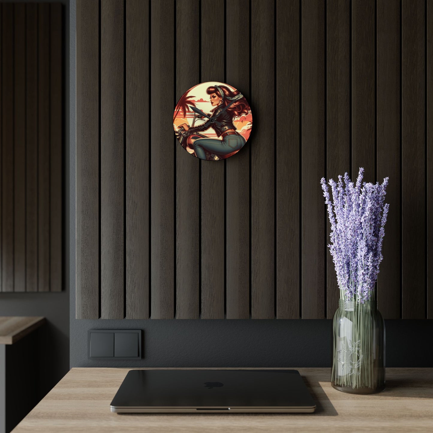 Acrylic Wall Clock - Girl Motorcycle Riding at the Beach