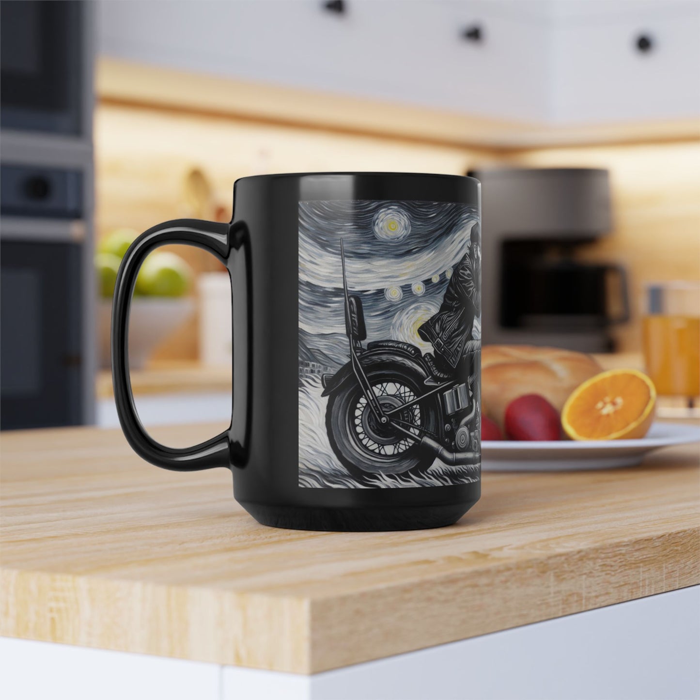 Starry Night Motorcycle Black Mug - 15oz Ceramic Coffee Cup for Bikers & Art Lovers