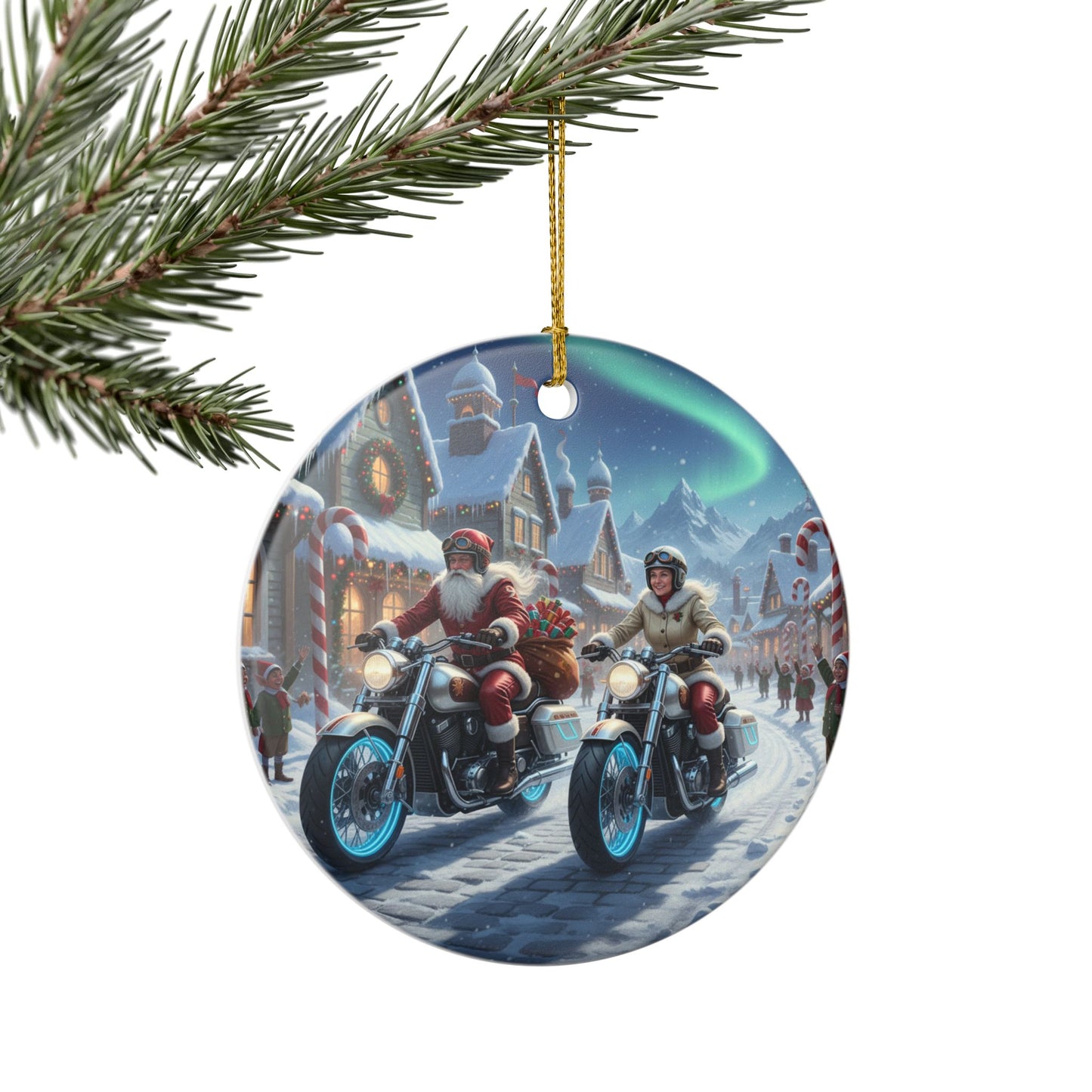 Festive Ceramic Holiday Ornament, Christmas Decoration, Unique Gift, Holiday Decor, Santa Biker Design, Winter Season Keepsake