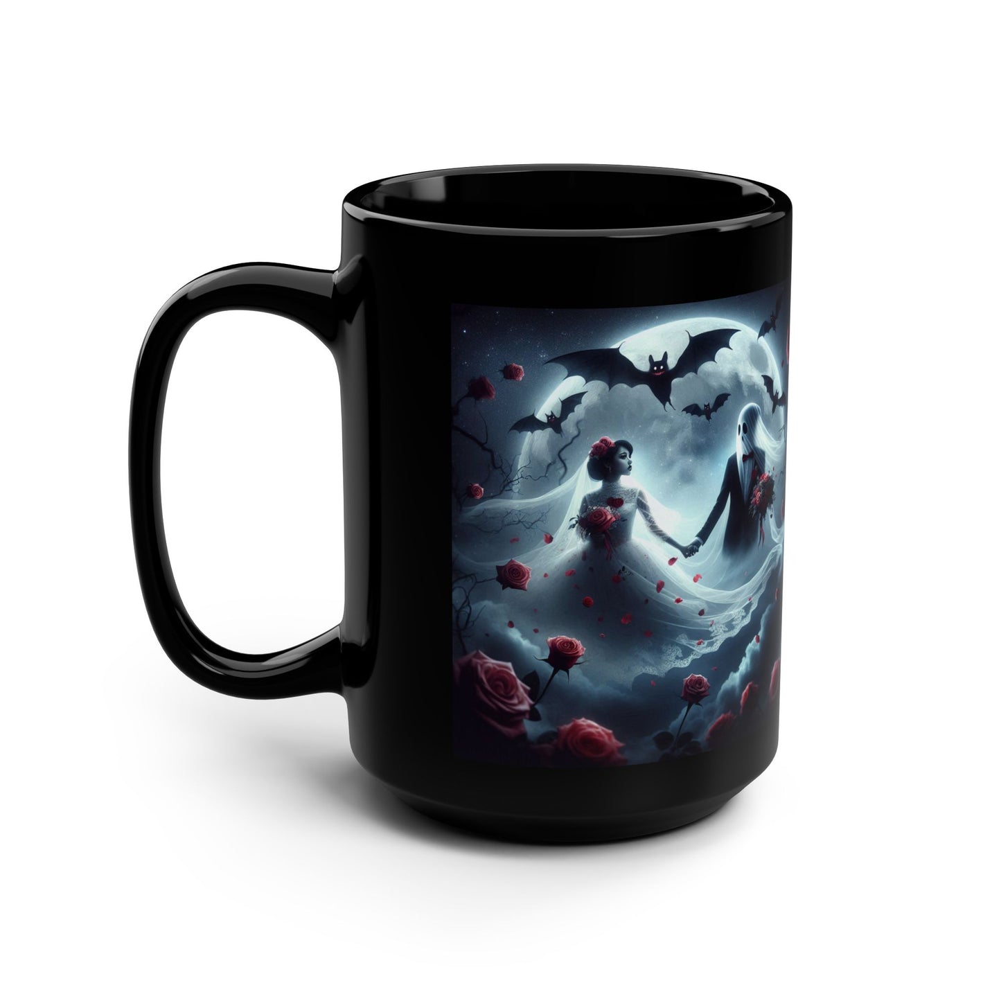 Mug - Halloween and Valentines Mix - Ghosts Bride & Groom, Bats, Hearts - Love Never Dies