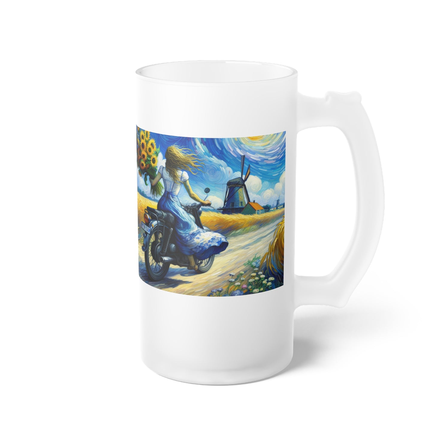 Frosted Glass Beer Mug - Perfect for Motorcycle Lovers & Sunflower Enthusiasts-Van Gogh Inspired Biker art