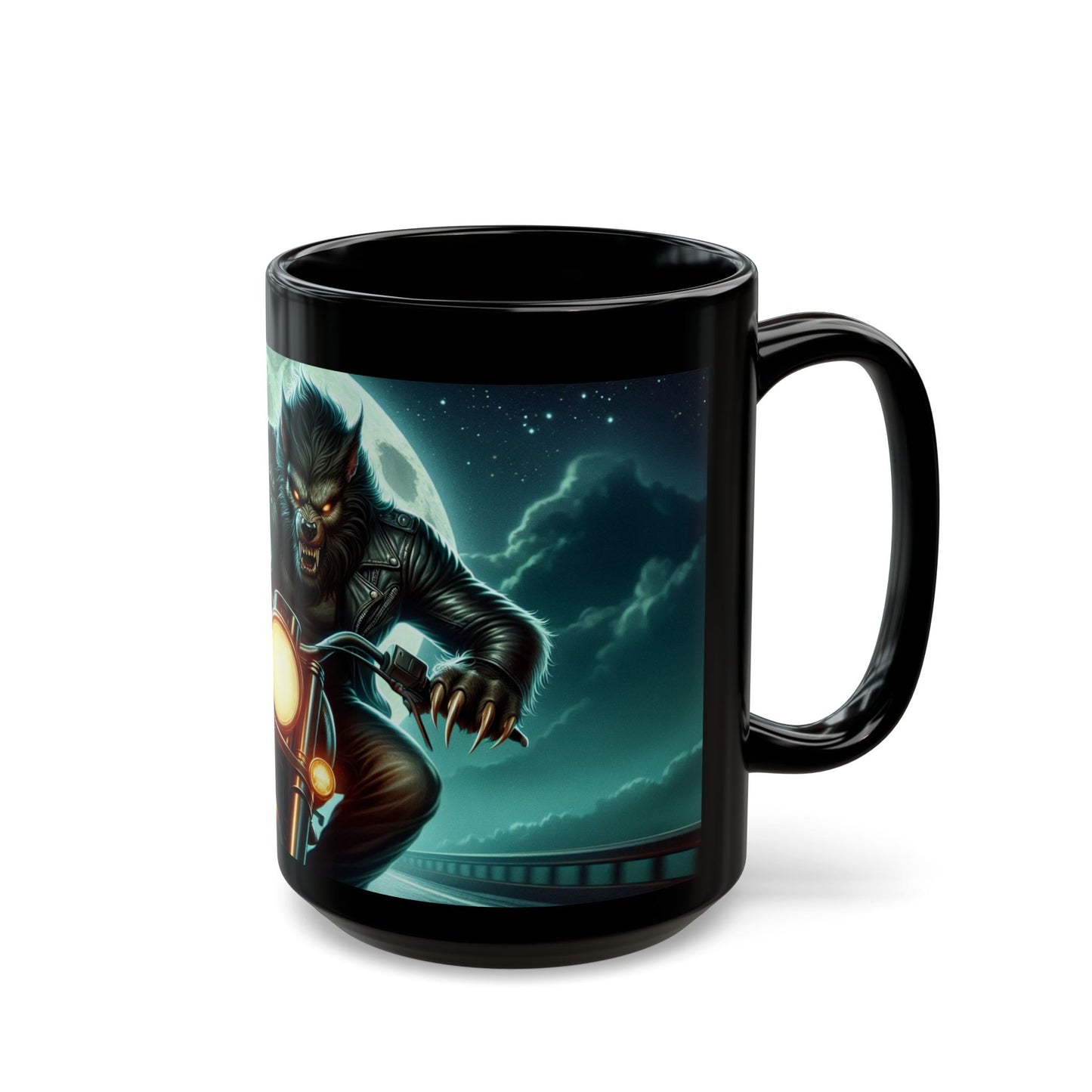Werewolf Motorcycle Mug | Black Coffee Cup | Unique Gift for Bikers | Halloween Decor | Funny Wolf Mug 15oz