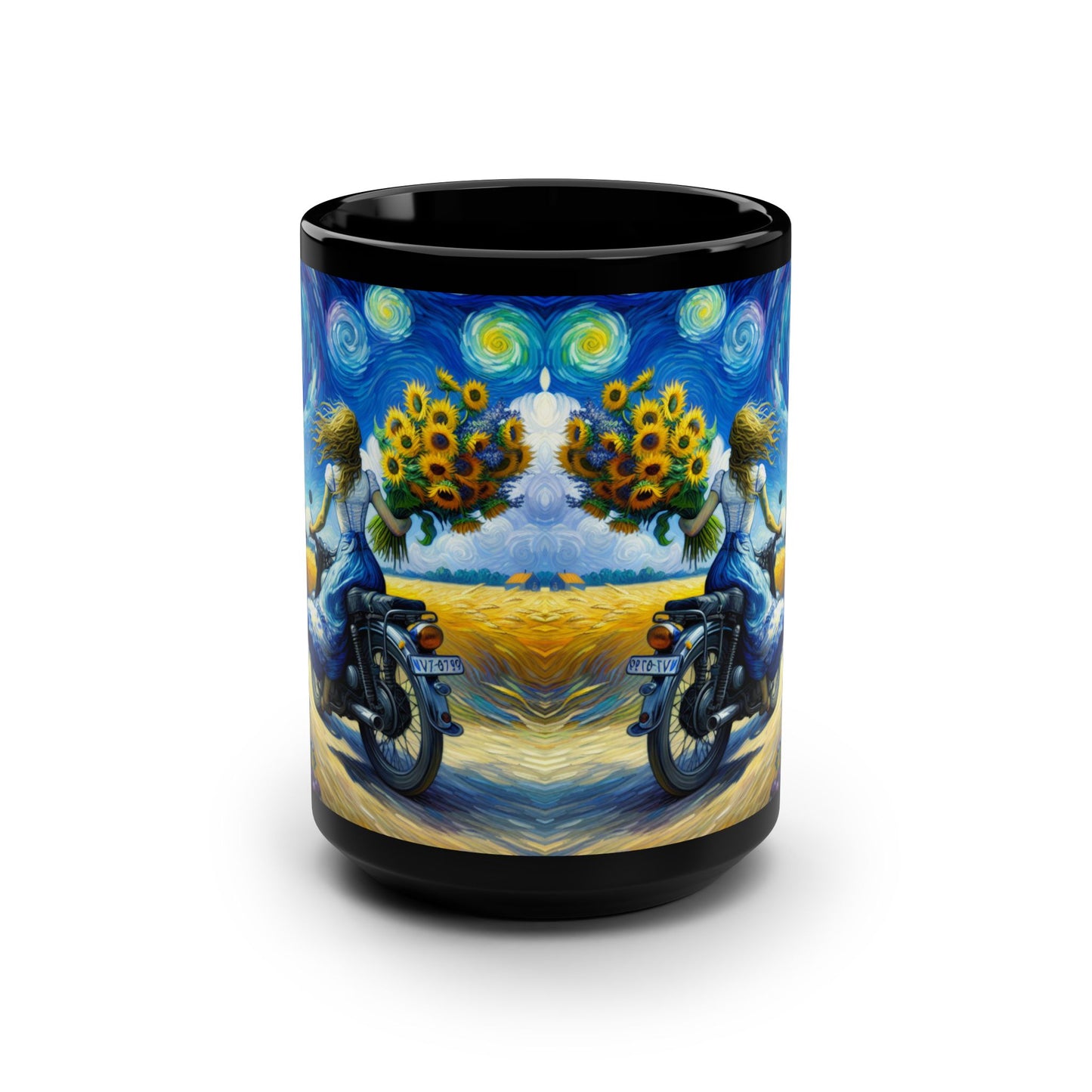Van Gogh Inspired Artistic 15oz Black Mug - Vintage Inspired Sunflower & Motorcycle Design