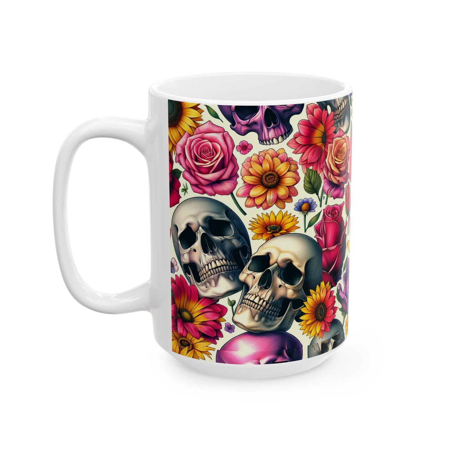 Stylish Floral Skull Mug, Unique Coffee Cup, Gothic Floral Drinkware, Perfect Gift for Birthdays, Home Decor, Halloween