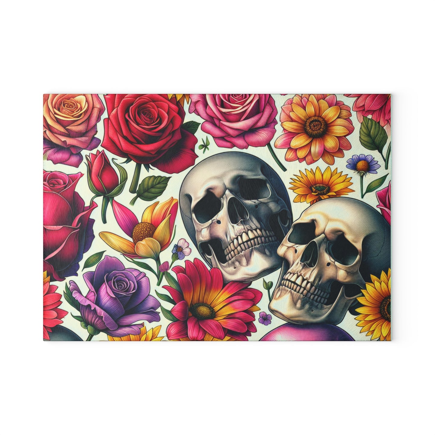 Glass Cutting Board –Floral Skull Gothic Boho Kitchen Decor & Gift
