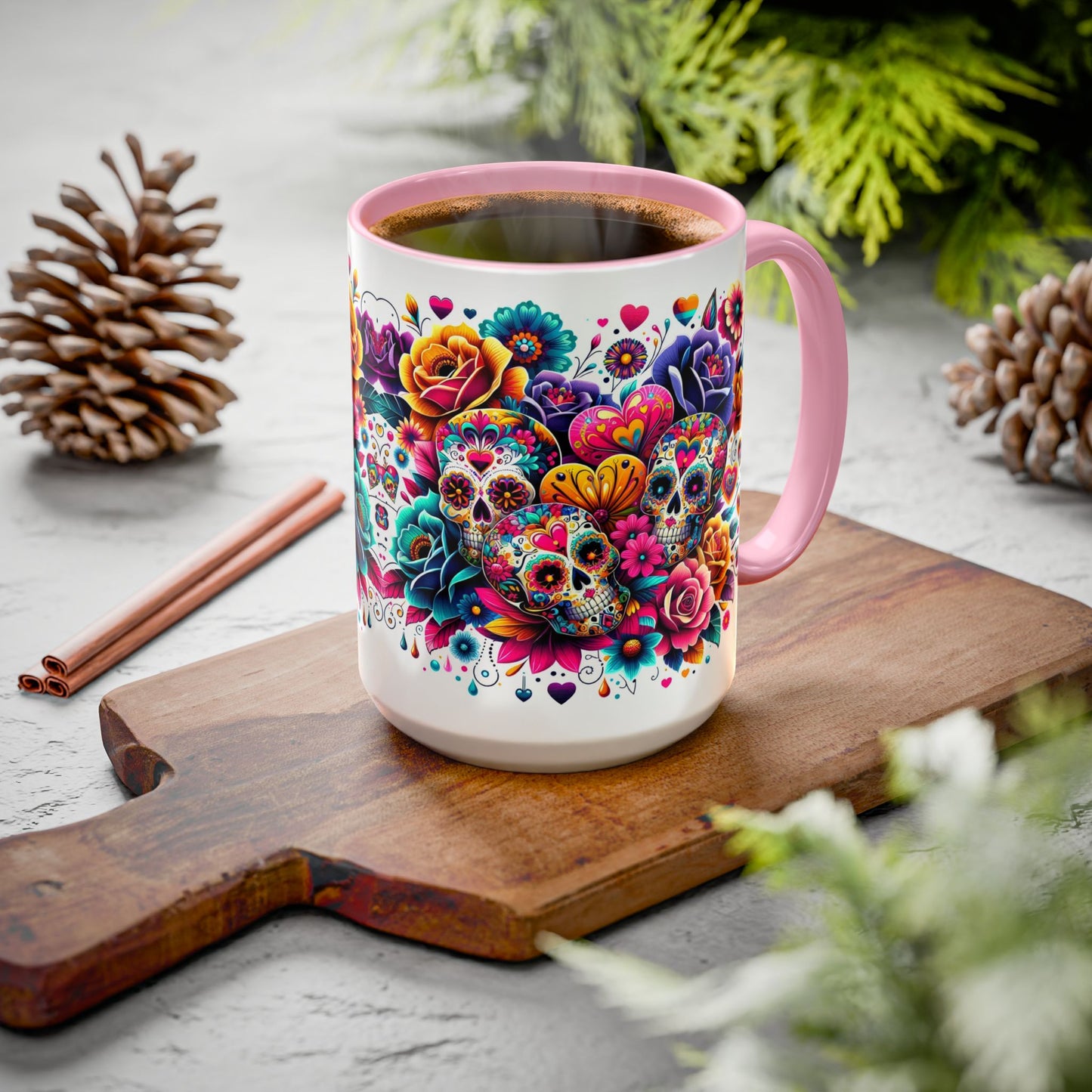 Mug-Flowers, Skulls and Hearts-Halloween meets Valentine's Day Coffee Cup