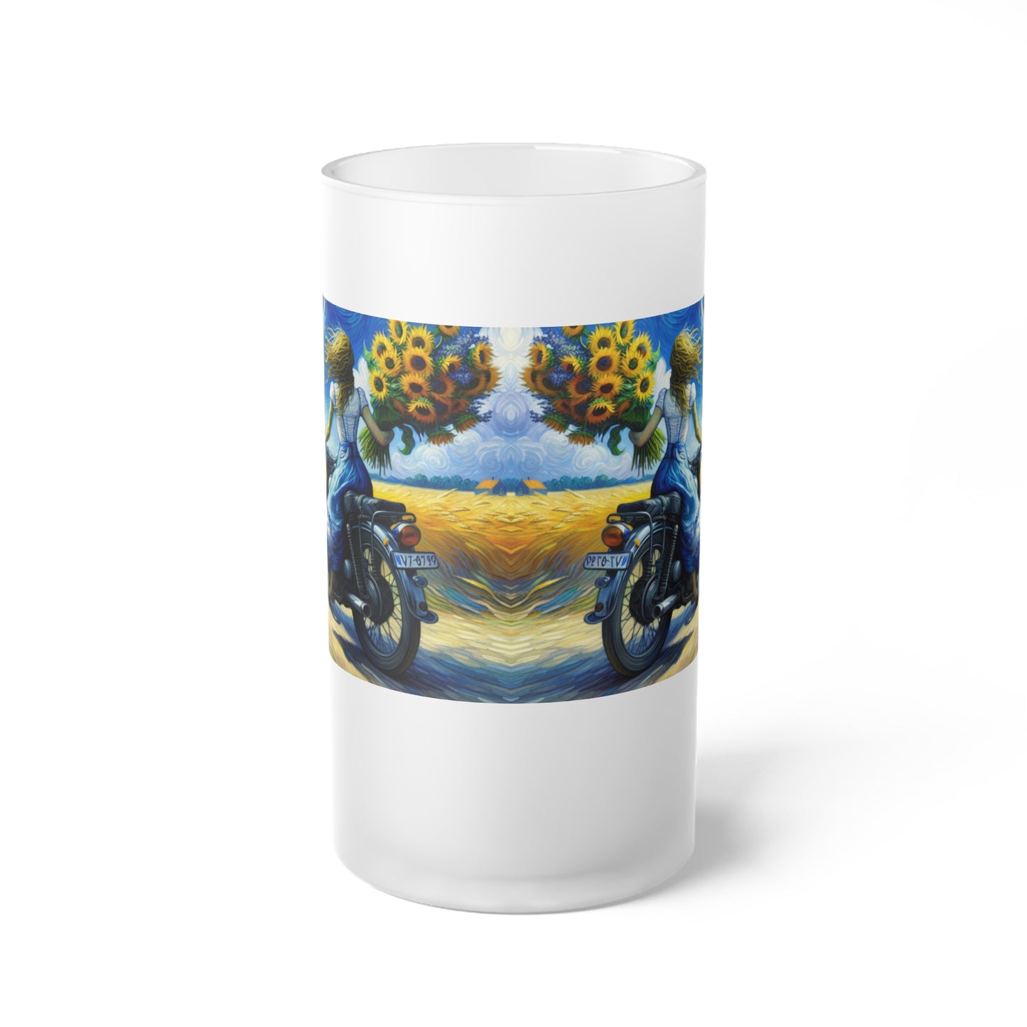 Frosted Glass Beer Mug - Perfect for Motorcycle Lovers & Sunflower Enthusiasts-Van Gogh Inspired Biker art