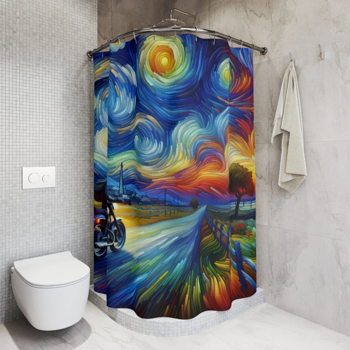 Shower Curtain-Starry Night Motorcycle - Vibrant Biker Art for Bathroom Decor