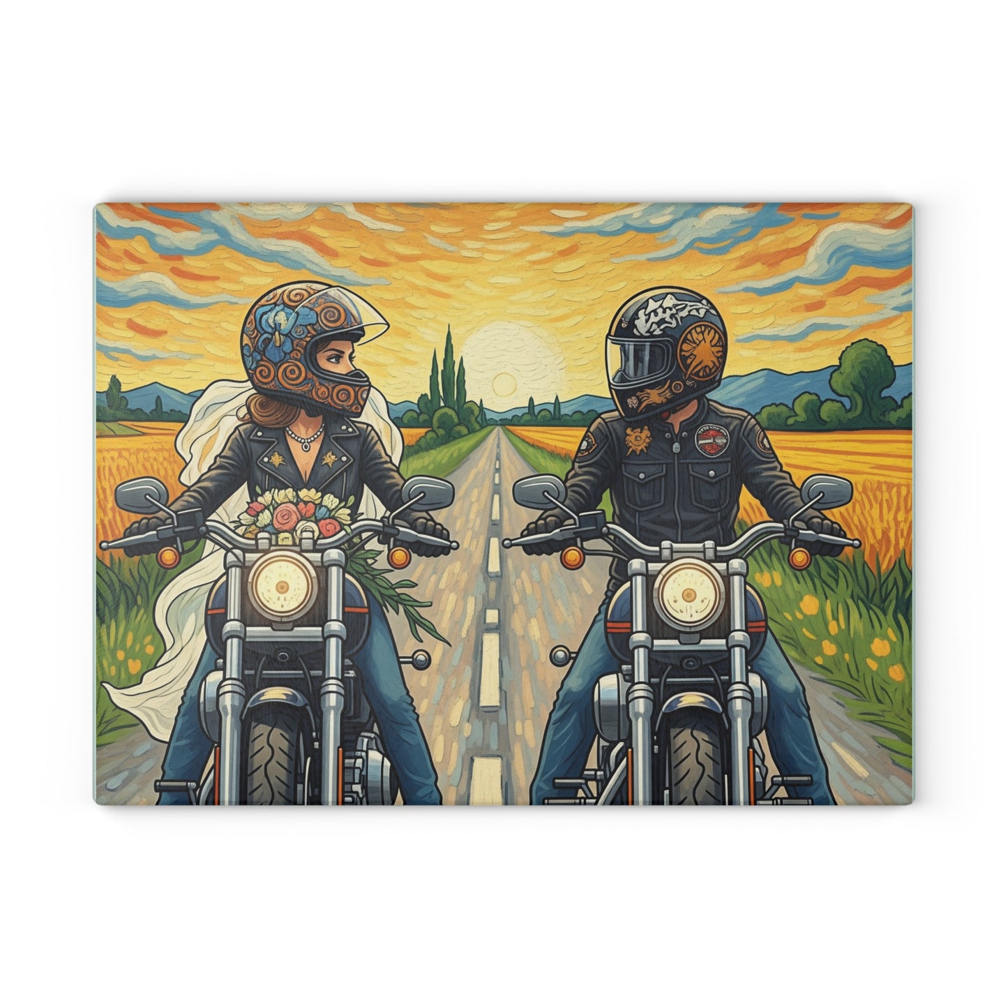 Biker Glass Cutting Board, Motorcycle Couple- Kitchen Decor, Wedding Gift, Unique Gift for Him or Her, Cooking Accessory