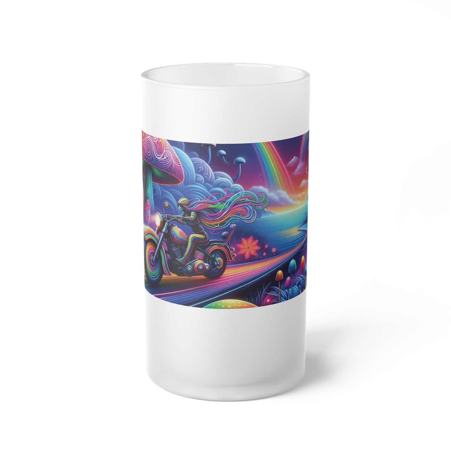 Frosted Glass Beer Mug - Freedom Rider Design for Bikers and Beer Lovers