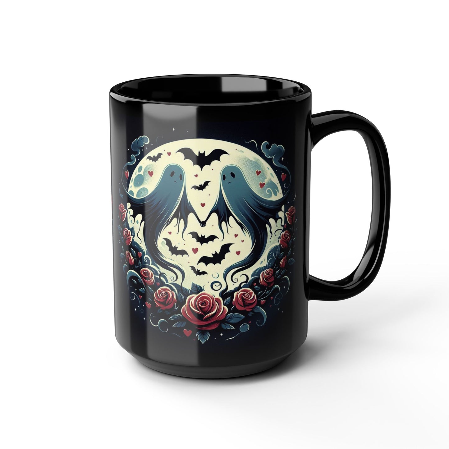 Mug - Halloween and Valentines Mix - Ghosts, Flowers, Bats, Hearts - 15oz