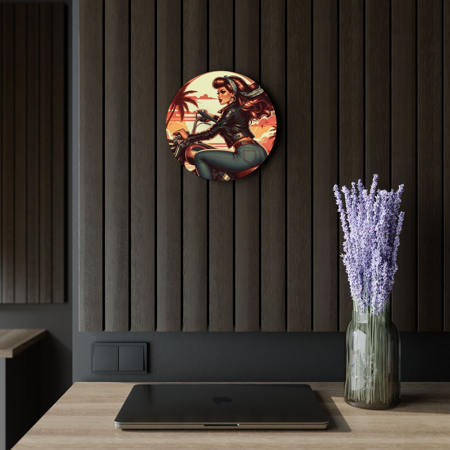 Acrylic Wall Clock - Girl Motorcycle Riding at the Beach