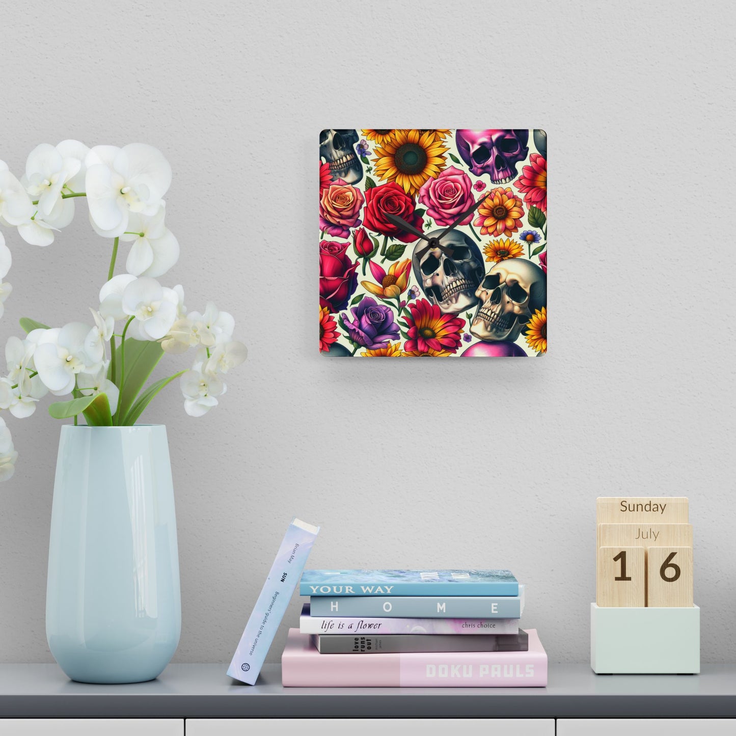 Acrylic Wall Clock-Skulls and Roses Pattern-Kitchen Clock