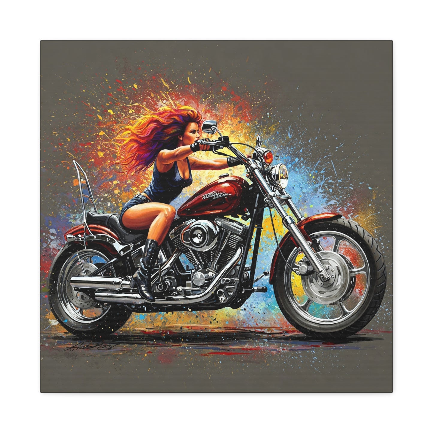 Motorcycle Art Canvas - Vibrant Stretched Matte Print of Biker Girl