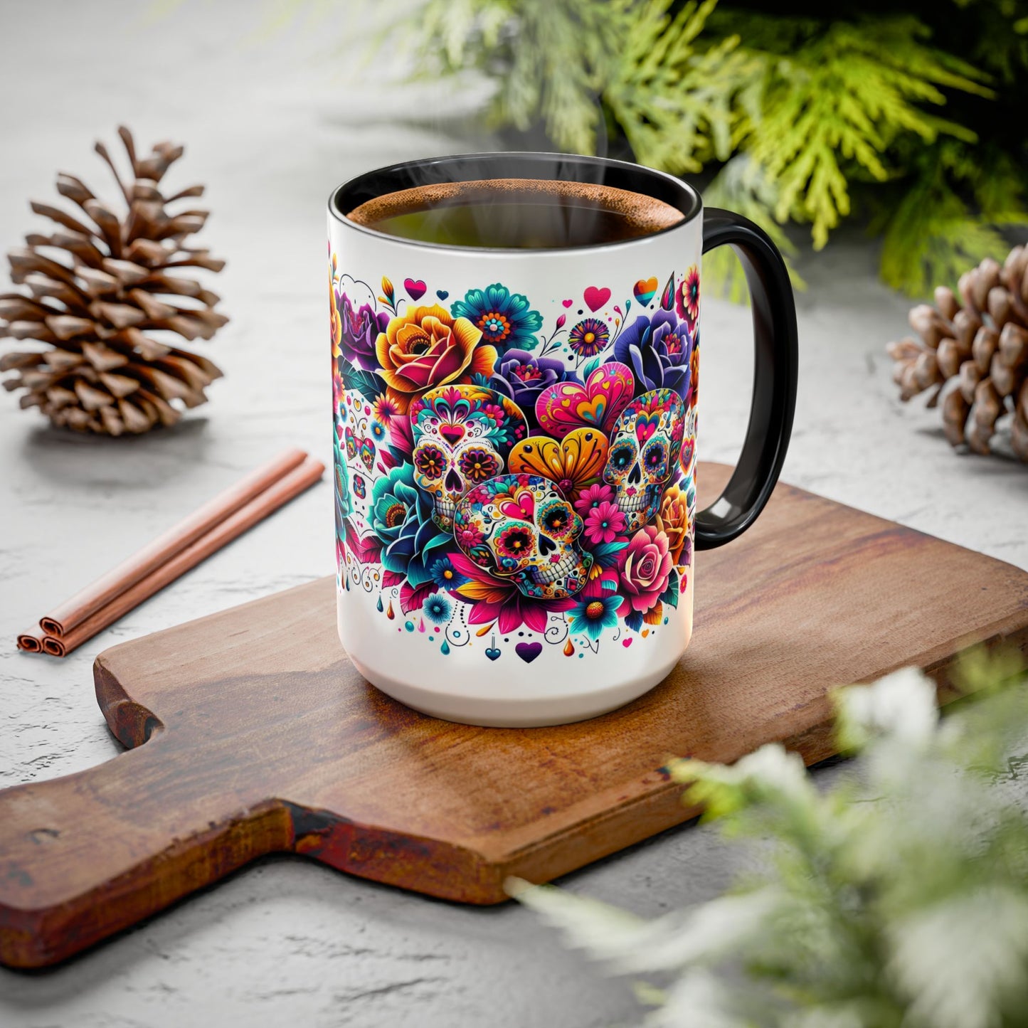 Mug-Flowers, Skulls and Hearts-Halloween meets Valentine's Day Coffee Cup