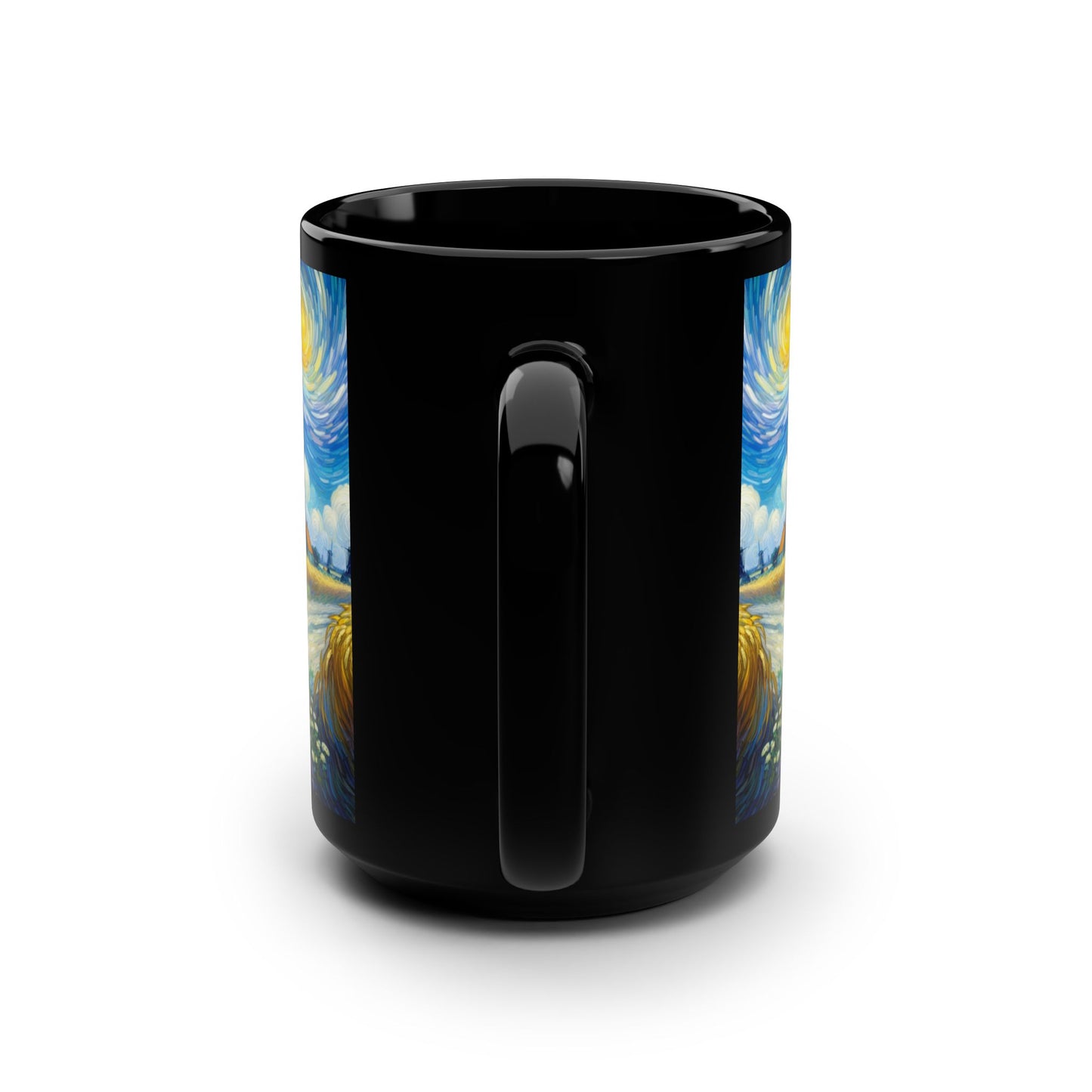 Van Gogh Inspired Artistic 15oz Black Mug - Vintage Inspired Sunflower & Motorcycle Design