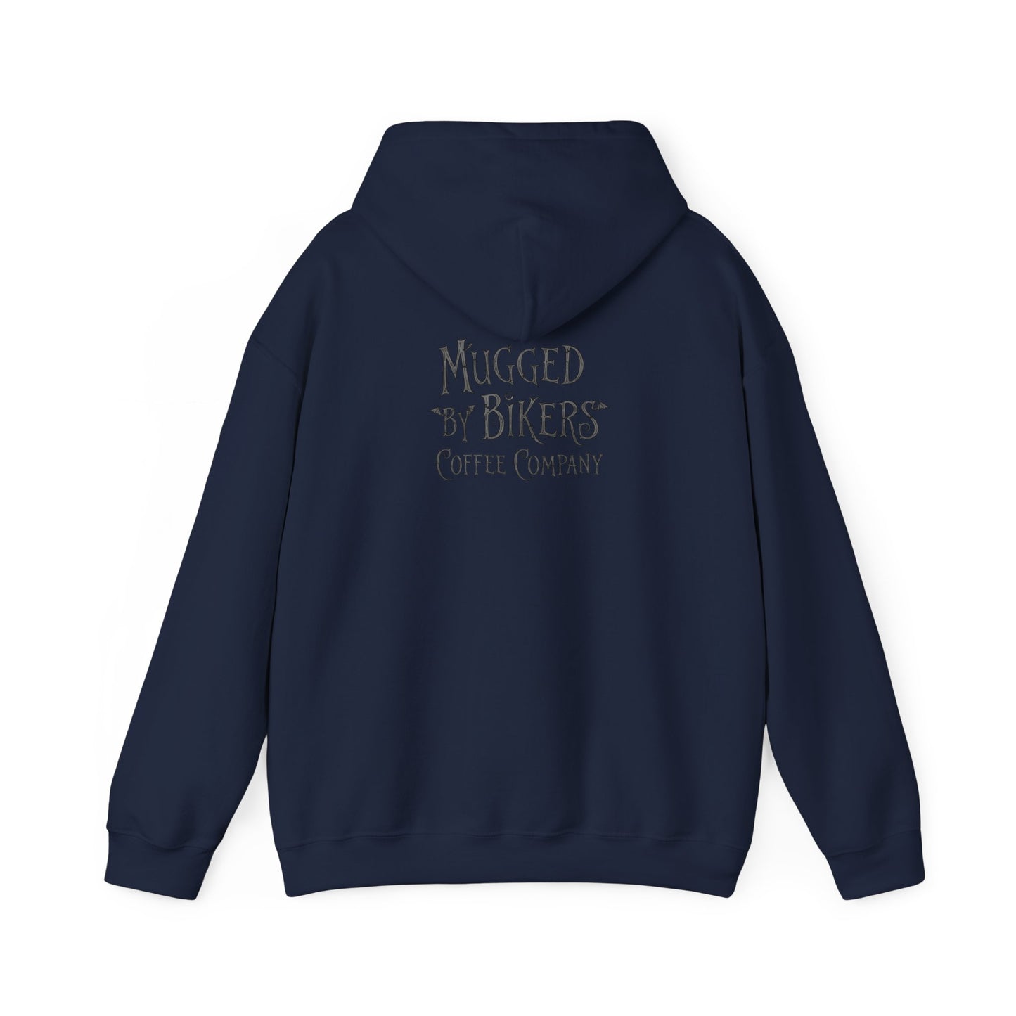 Mugged by Bikers Hooded Sweatshirt | Cozy Unisex Hoodie for Bikers, Halloween, Casual Wear, Gift for Riders, Coffee Lovers