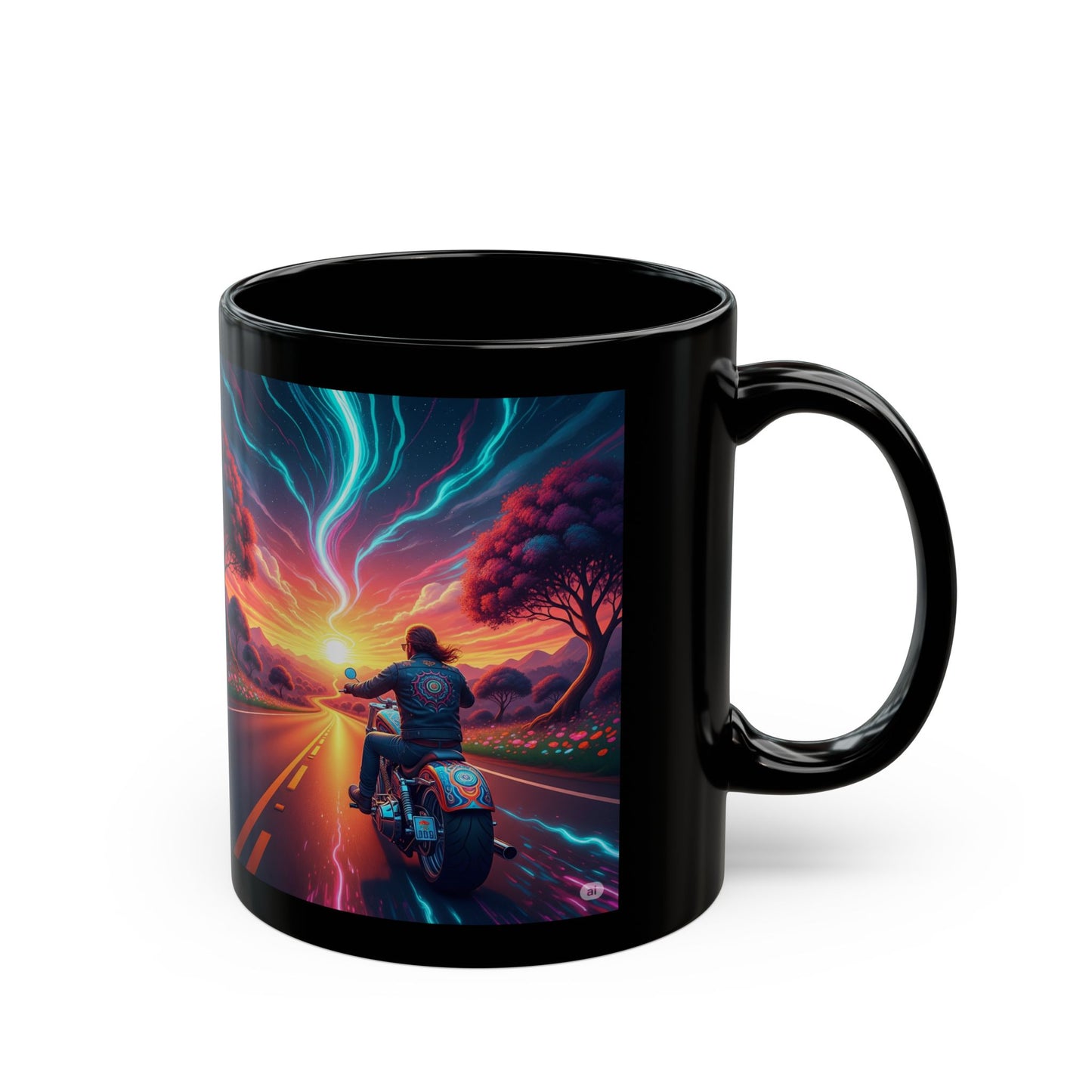 Vibrant Sunset Motorcycle Mug, Coffee Cup for Riders, Gift for Bikers, Road Trip Lover, Adventure Enthusiast