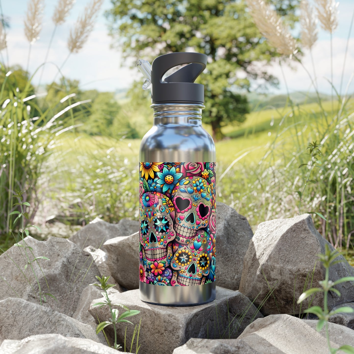 Water Bottle with Straw - Sugar Skulls and Flowers Design, 20oz