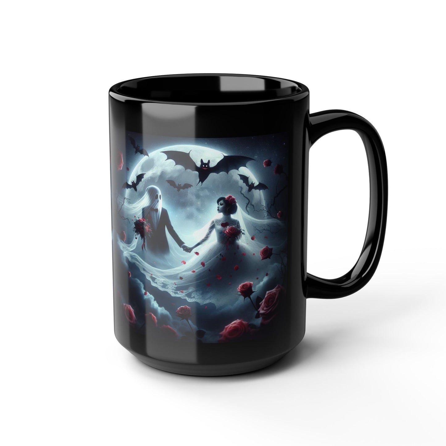Mug - Halloween and Valentines Mix - Ghosts Bride & Groom, Bats, Hearts - Love Never Dies