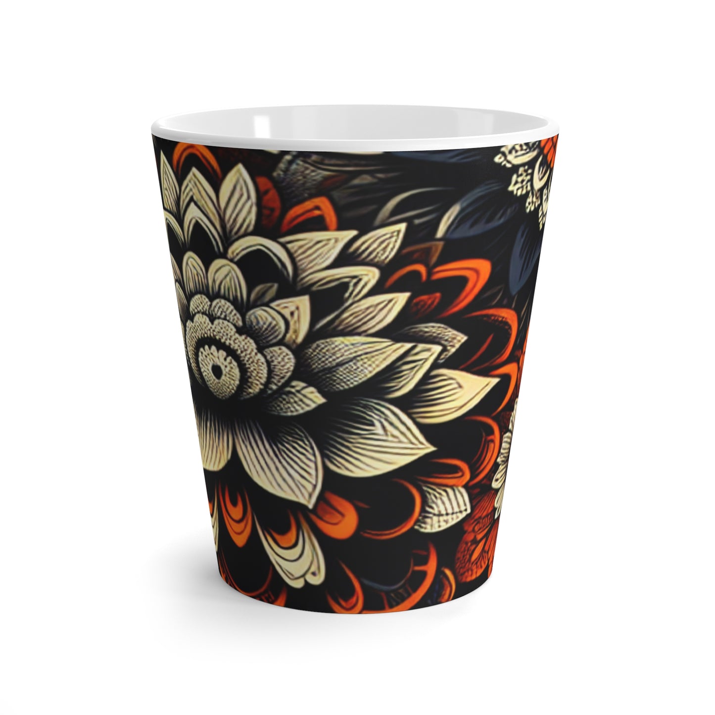 Latte Mug - Bold Orange and Black Lace- Floral Pattern-Coffee Cup