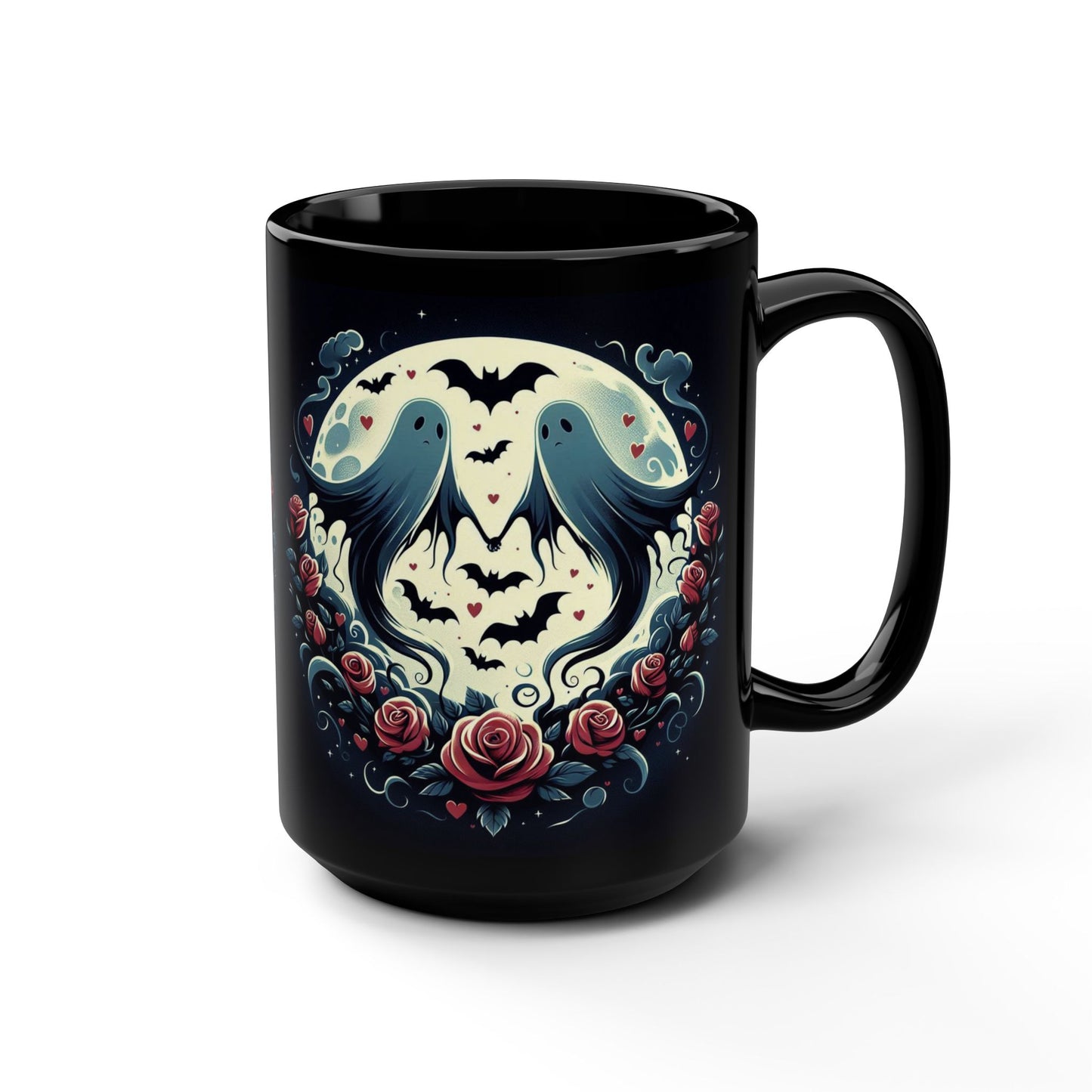 Mug - Halloween and Valentines Mix - Ghosts, Flowers, Bats, Hearts - 15oz
