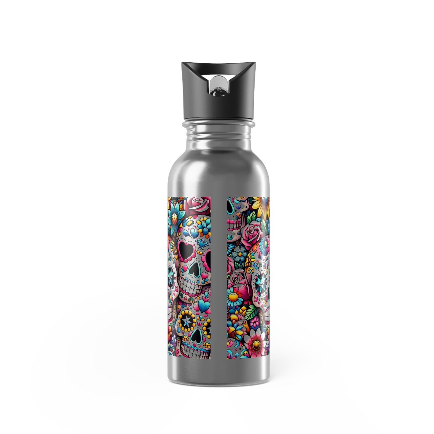 Water Bottle with Straw - Sugar Skulls and Flowers Design, 20oz