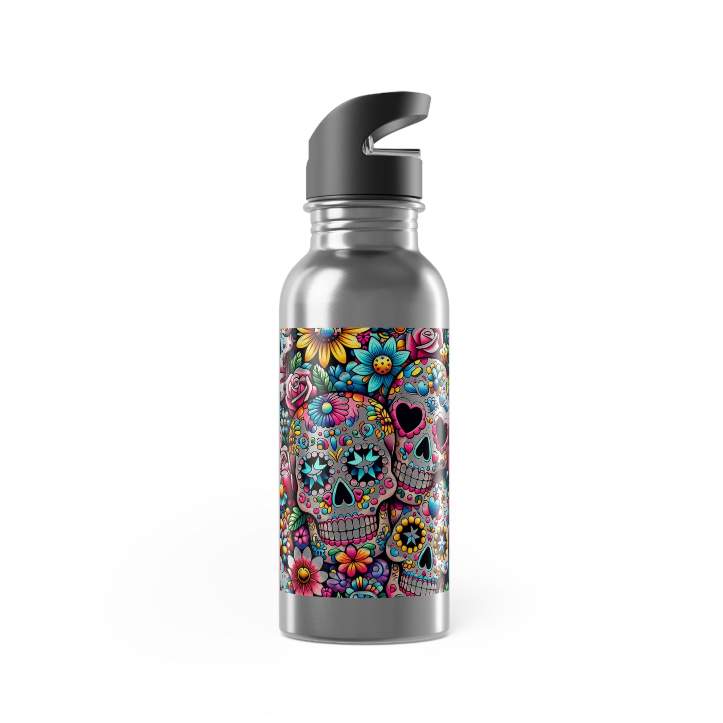 Water Bottle with Straw - Sugar Skulls and Flowers Design, 20oz