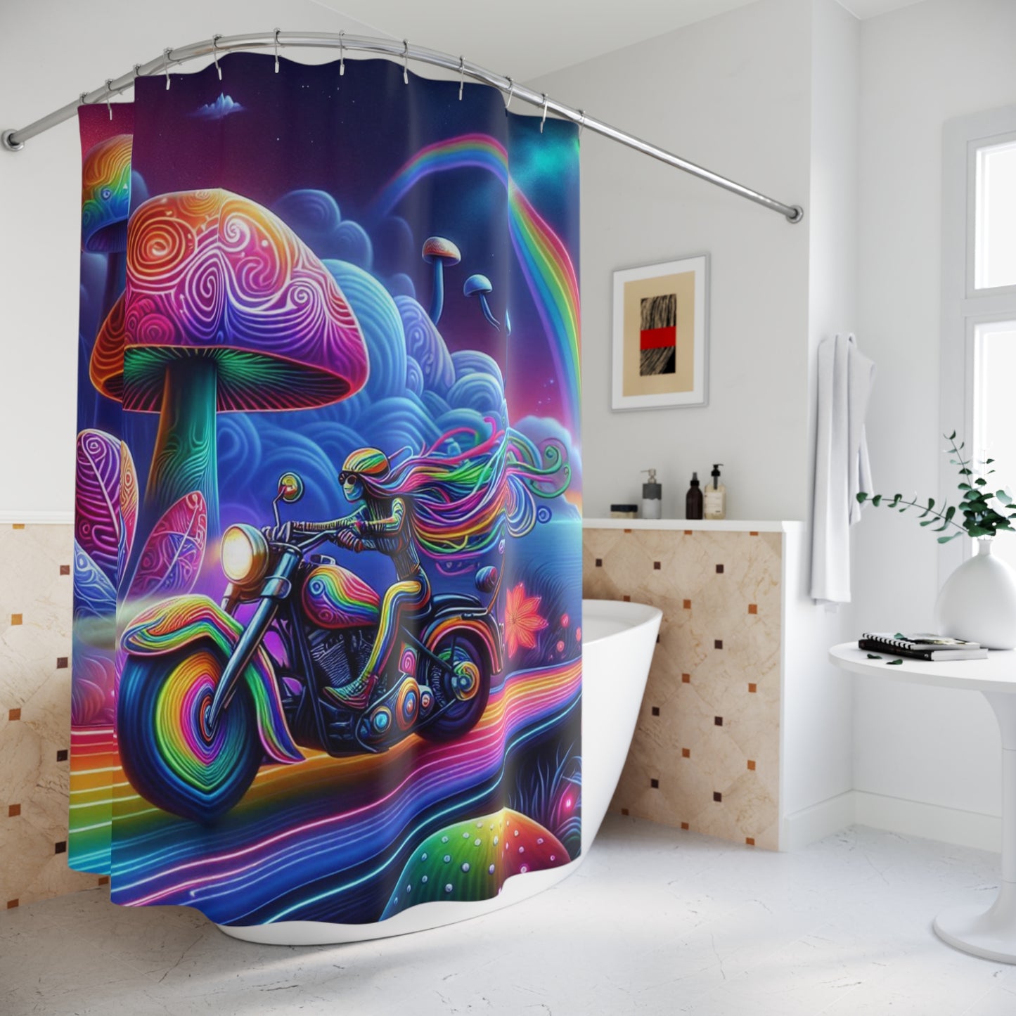 Shower Curtain-Retro 70s Art-Psychedelic Motorcycle Trip-Biker bath Decor