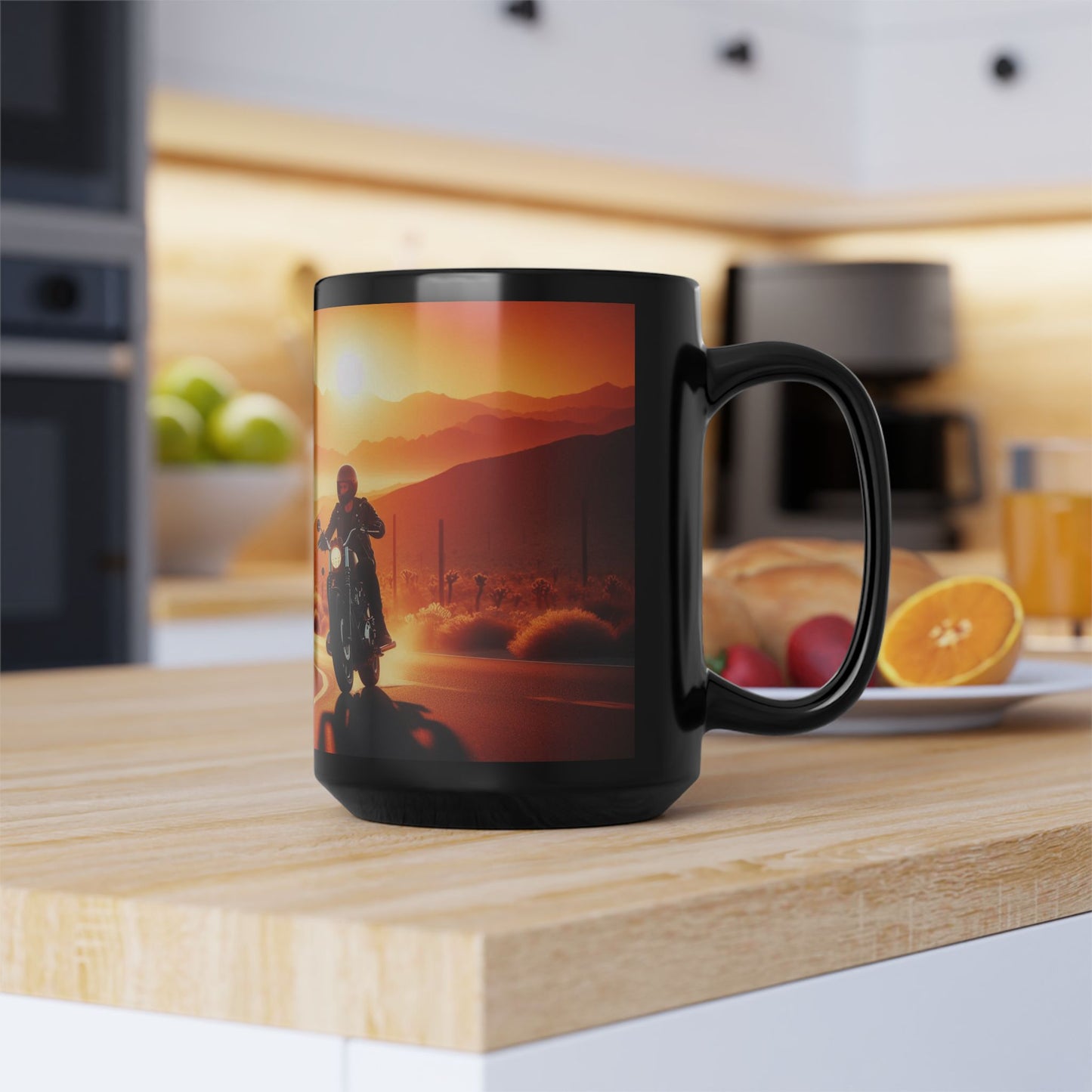 Mug: Motorcycle Ride at Sunrise- Black Coffee Cup