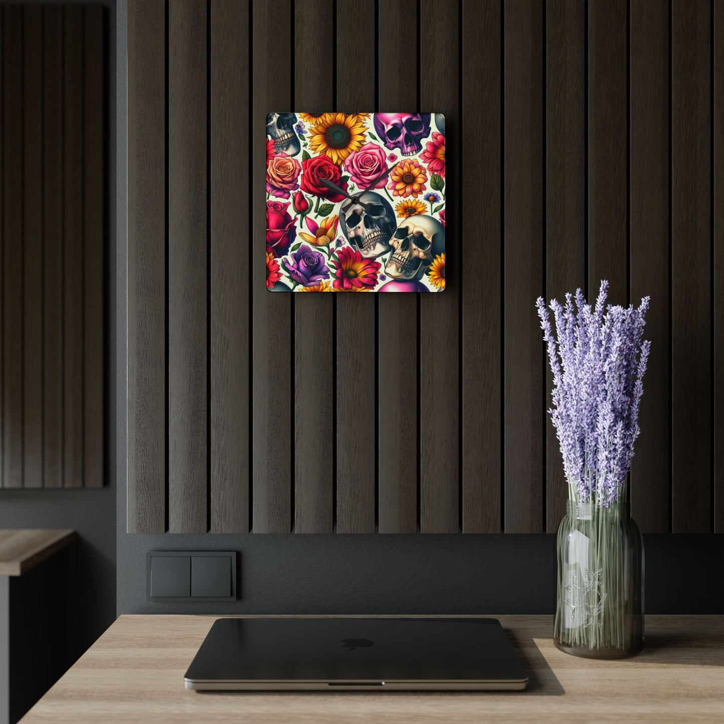 Acrylic Wall Clock-Skulls and Roses Pattern-Kitchen Clock