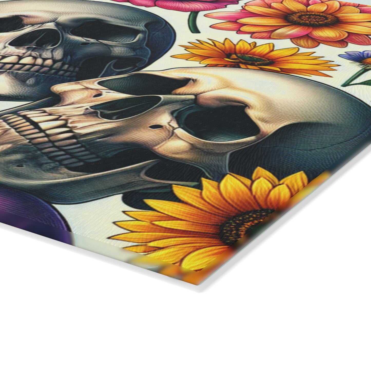 Glass Cutting Board –Floral Skull Gothic Boho Kitchen Decor & Gift