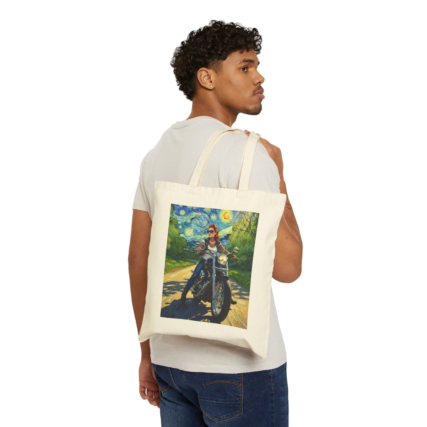 Canvas Tote Bag - Van Gogh Motorcycle Pinup and Skulls with Flowers Design