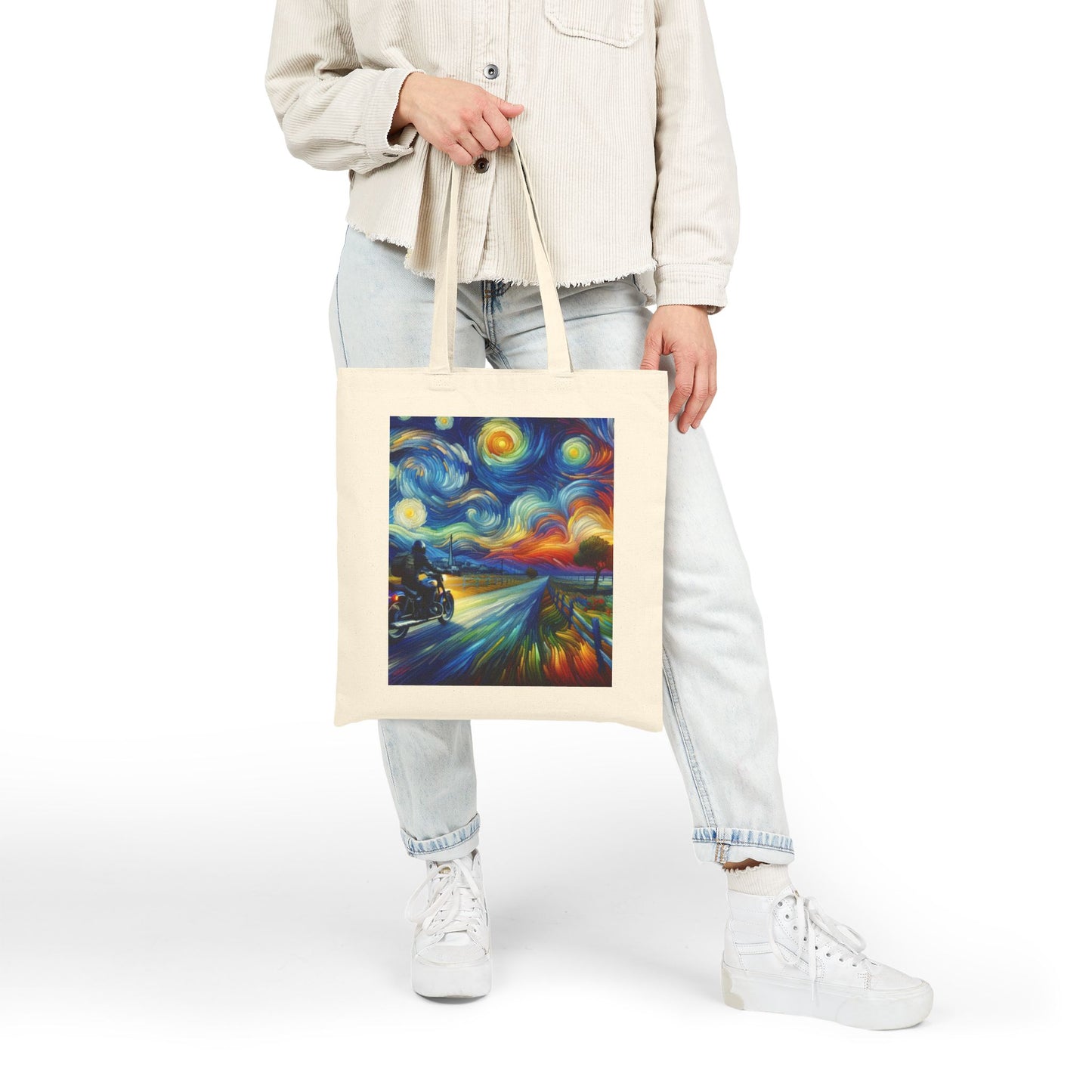Canvas Tote Bag - Van Gogh Motorcycle Art- Reversible Ride to the Sun- Reflection Ride