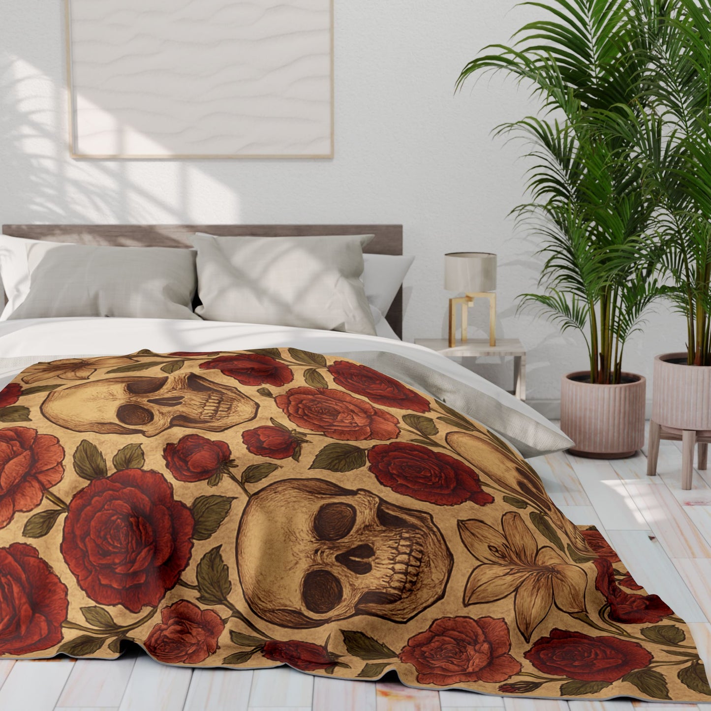 Fleece Blanket - Skulls and Floral Pattern in Creams and Reds