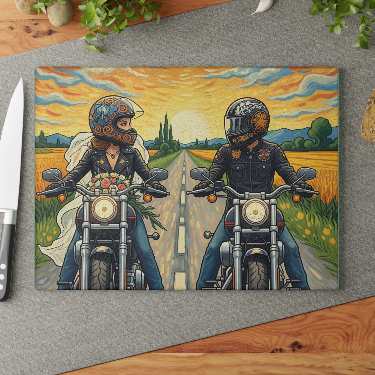 Biker Glass Cutting Board, Motorcycle Couple- Kitchen Decor, Wedding Gift, Unique Gift for Him or Her, Cooking Accessory