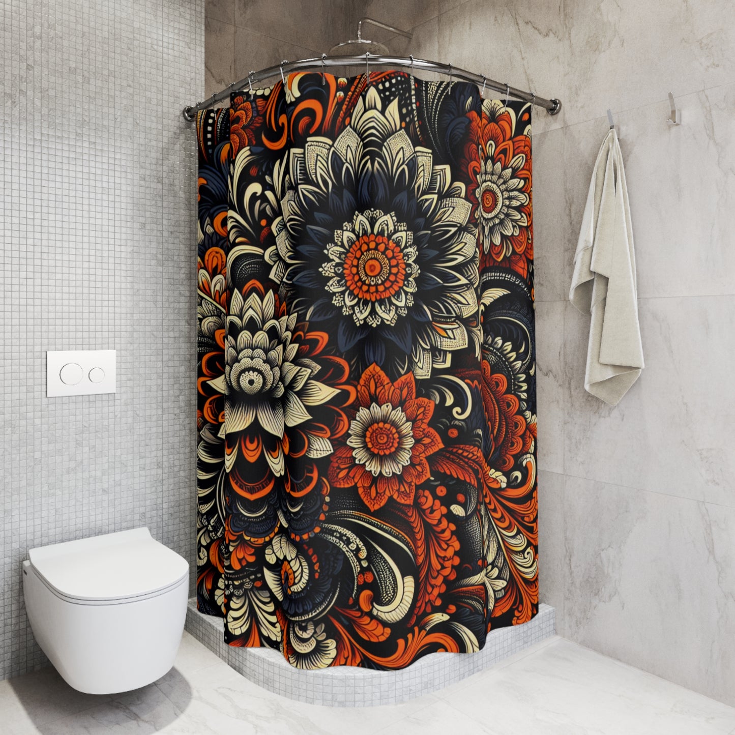 Shower Curtain - Black and Orange Tapestry-Large Flower Pattern-Floral Bathroom